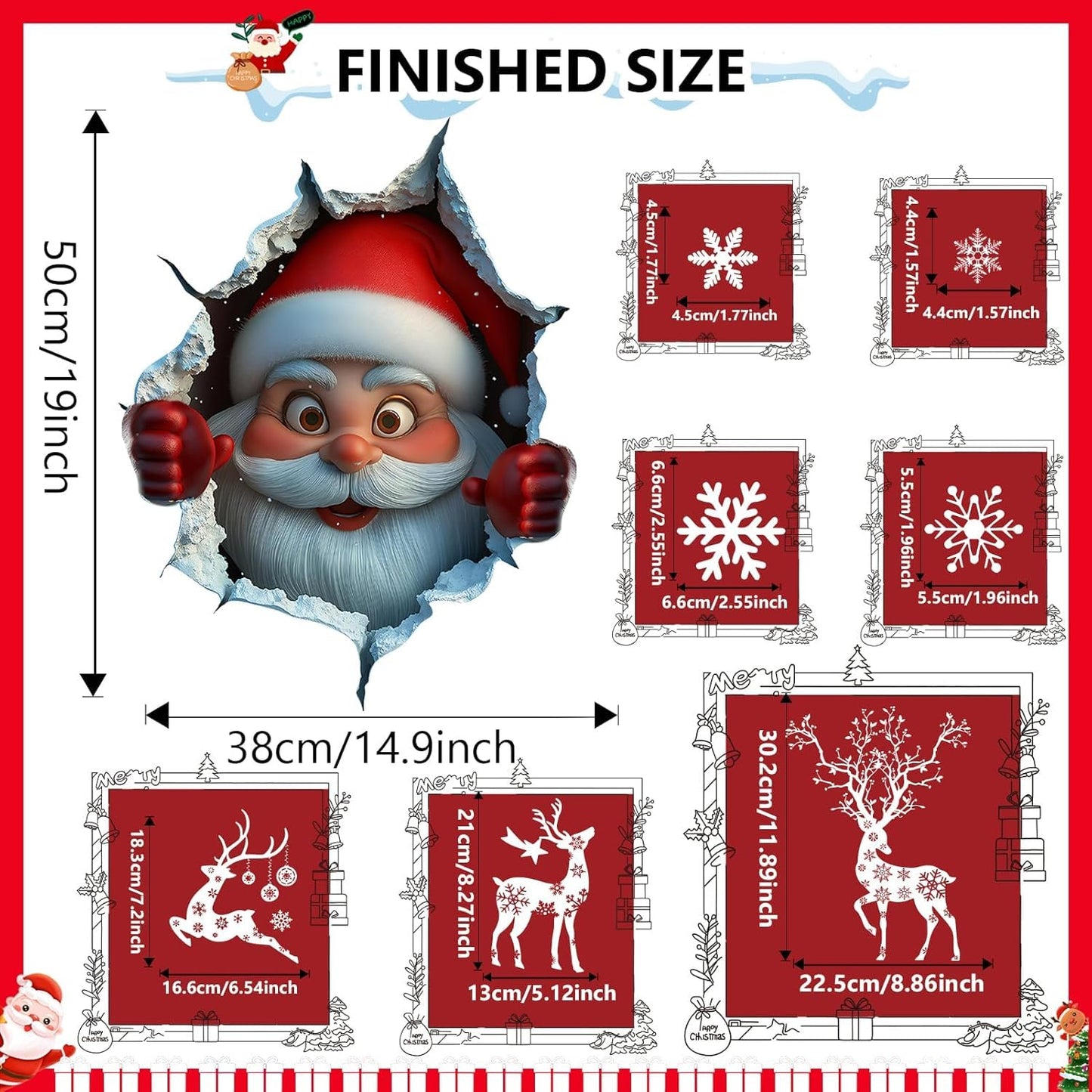 Christmas Window Clings Double Sided 3D Santa Claus Window Stickers Christmas Decorations Removable Reindeer Snowflake Vinyl Decals for Glass Windows, Home, Shop, Office, Holiday Party Xmas Decor