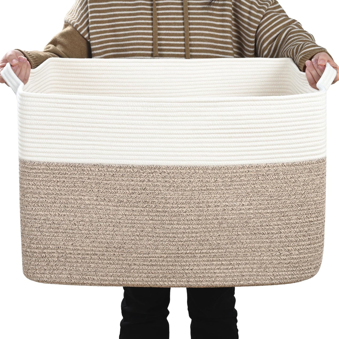Degeyoyo Large Blanket Basket, 60L Storage Baskets for Organizing, Woven Laundry Basket for Blankets, Cotton rope Blanket Storage for Living Room, Nursery Room, 19.7" L x 15.74" W x 11.8" H, Brown