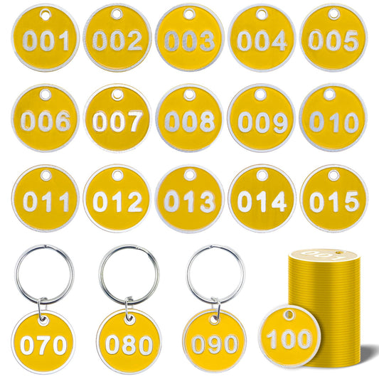 1-100 Numbered Key Tags, Round Metal Tags, Key Chain Labels, Key Tag for Home, Office and Garage, Dorm Keys, House Lockers (Yellow)