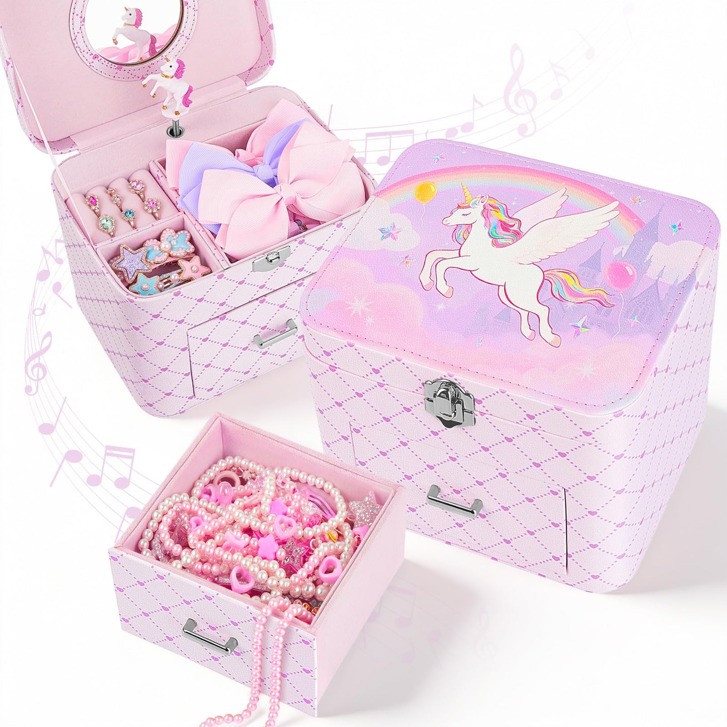 Basumee Musical Jewelry Box for Girls PU Leather Music Box with Drawer Large Kids Jewelry Organizer with Unicorn/Ballerina Jewelry Storage for Little Girls Ages 3–10, Birthday & Holiday Present