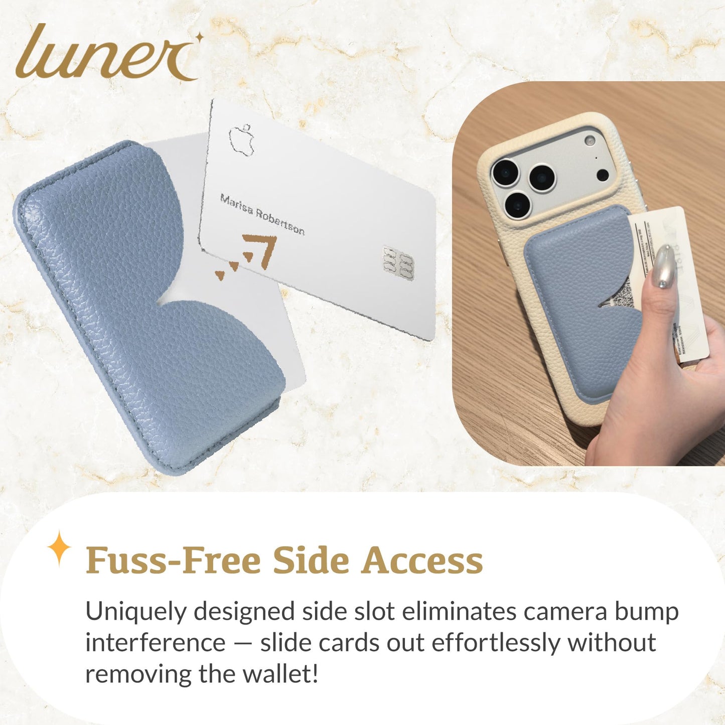Luner - Eco Leather Magnetic Side-Access Card Wallet Compatible with Magsafe - [for iPhone 16, 15, 14, 13, 12 series] - [Holds 2 cards] - Frost Blue