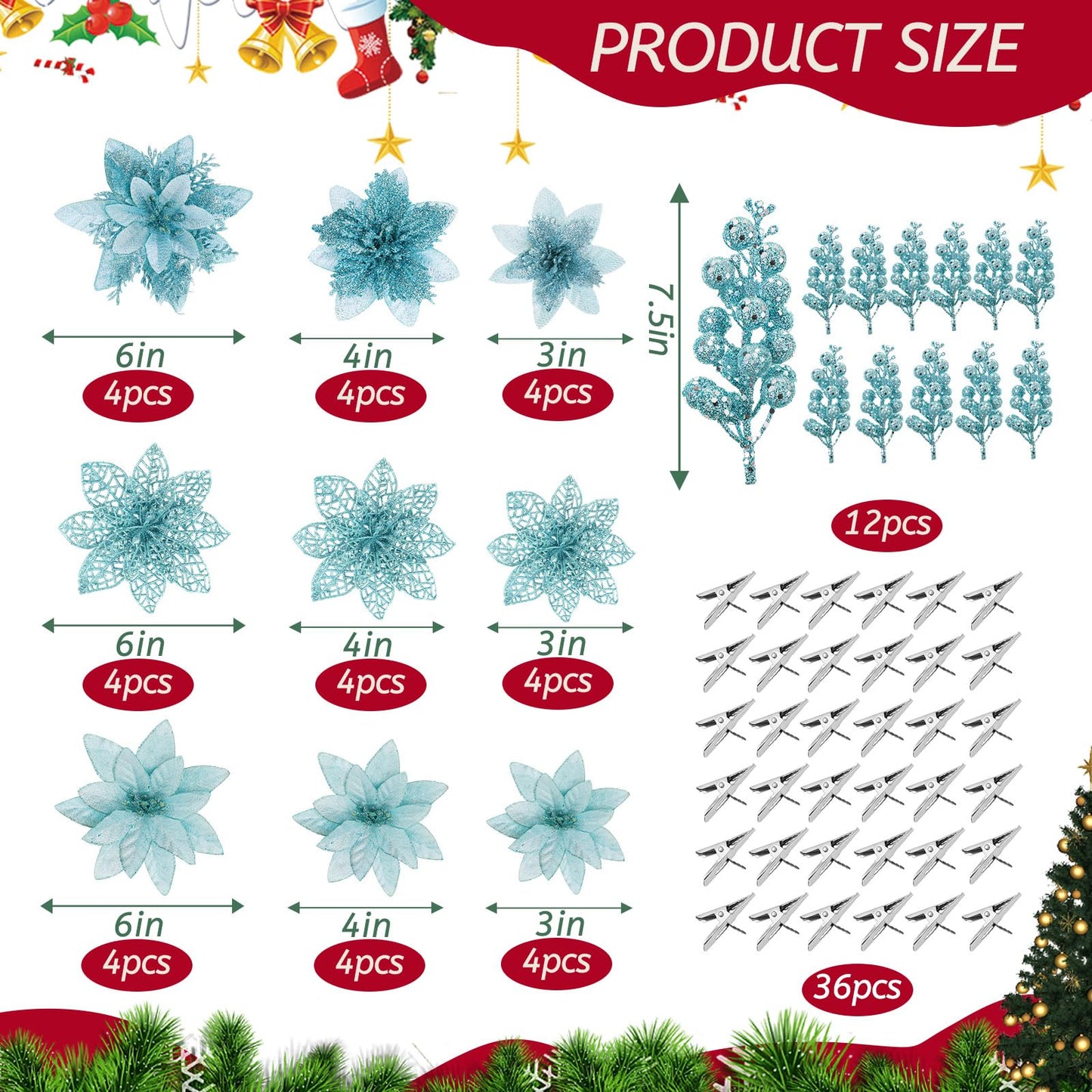 Zeyune 48 Pcs 3 Styles Christmas Glitter Poinsettia Flowers Artificial Berry Picks Artificial Christmas Flowers with Clips for Xmas Tree Wedding Wreath Holiday Party Decorations(Light Green)