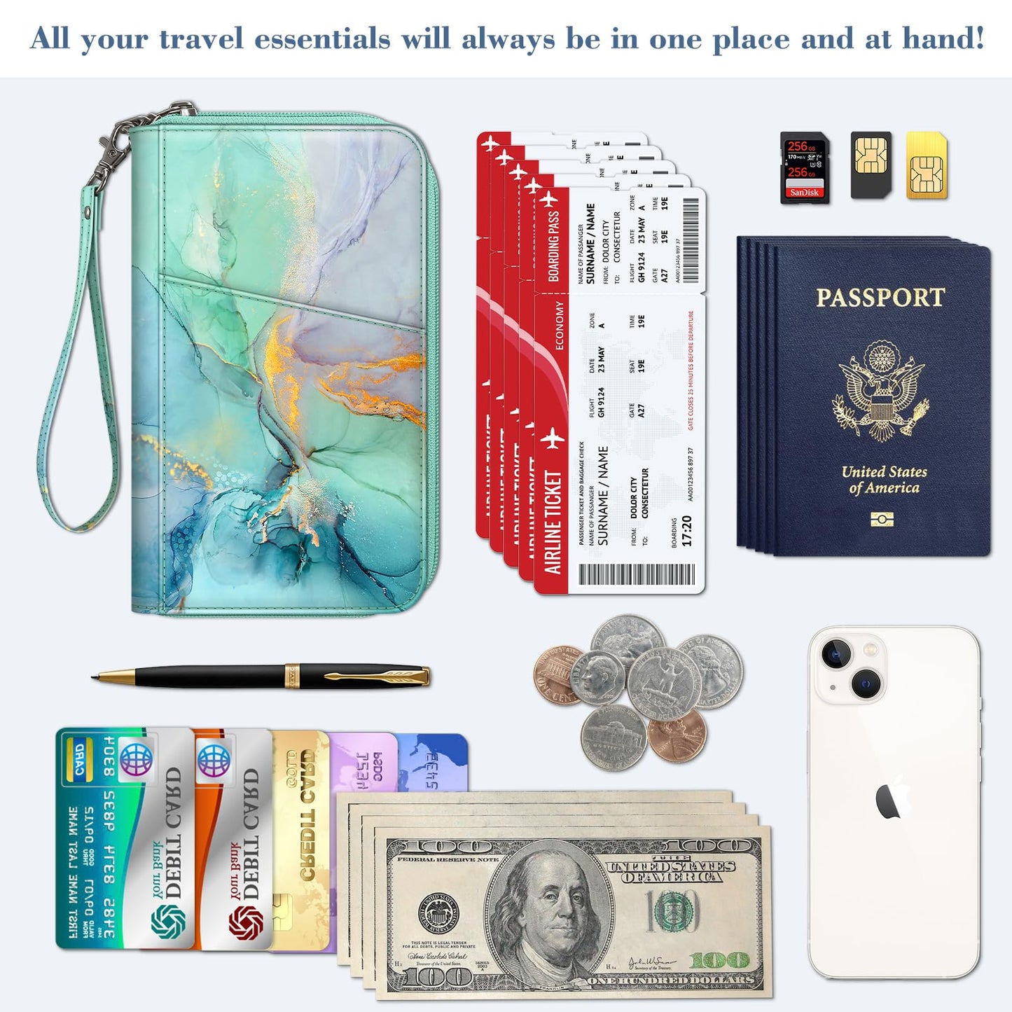 Fintie Family Passport Holder Wallet, RFID Blocking Travel Document Organizer Clutch Bag Credit Cards Case Cover for Women Men, Emerald Marble