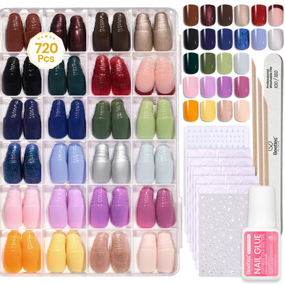 Beetles Press on Nails Kit 720Pcs 24 Colors, Press on Nails Short Almond Glossy Matte Glitter With Nail Glue & Nail Tabs Stickers, Natural Fit Lightweight Fake Nails Kit Art For Women Girls