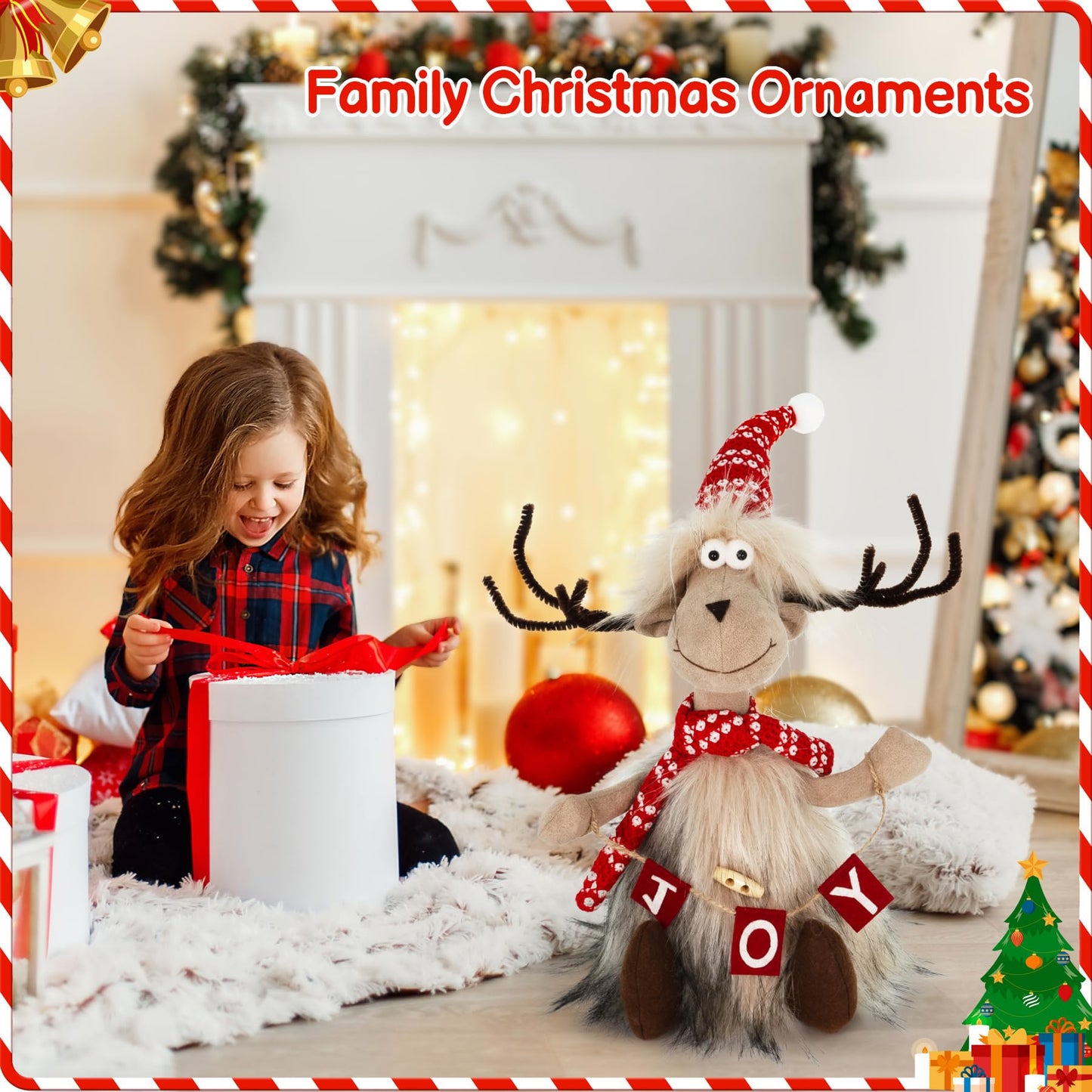 TACROART Reindeer Christmas Decoration – Plush Sitting Reindeer Figurine with Faux Fur Coat & Joy Banner, Rustic Tabletop Christmas Decor for Mantel, Shelf, or Gift Display