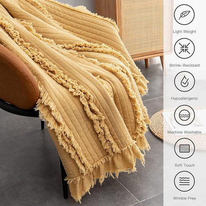Ultra Soft Quilted Throw Blanket with Ruffle Fringe Pre-Washed, Boho Decor in Stone Washed Yellow, Rustic Chic Blanket for Sofa, Couch, Bed, or Chair,90"x 90"