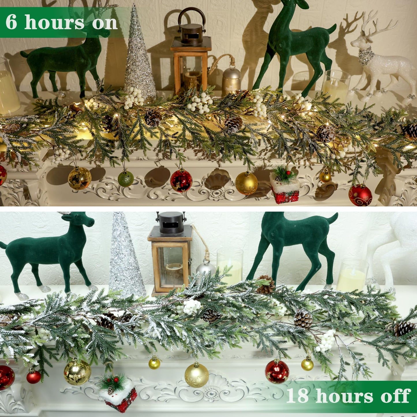 6FT Christmas Garland with Lights, Christmas Decorations Indoor Outdoor Pre-lit Artificial Pine Garland with Battery Operated Timer, Home Holiday Decor Flocked Garland for Mantel Window Stairs Wall