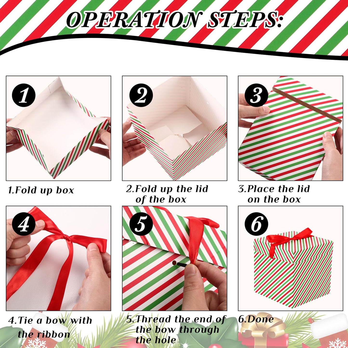 TecUnite 3 Pcs Christmas Nesting Gift Boxes Candy Cane Striped Christmas Stackable Boxes Decorative with Lids for Present Wrapping Xmas New Year Holiday Party Decor(Green Red Stripe)