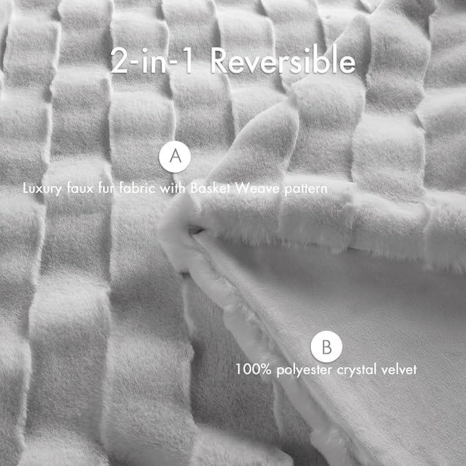 Madison Park Luxuriously Cozy Soft Long Faux Fur Basketweave Blanket, Reversible Soft & Snuggly Velvet Throw, Lightweight, Breathable, All Season, Trendy Room Décor, 50x60, Light Grey