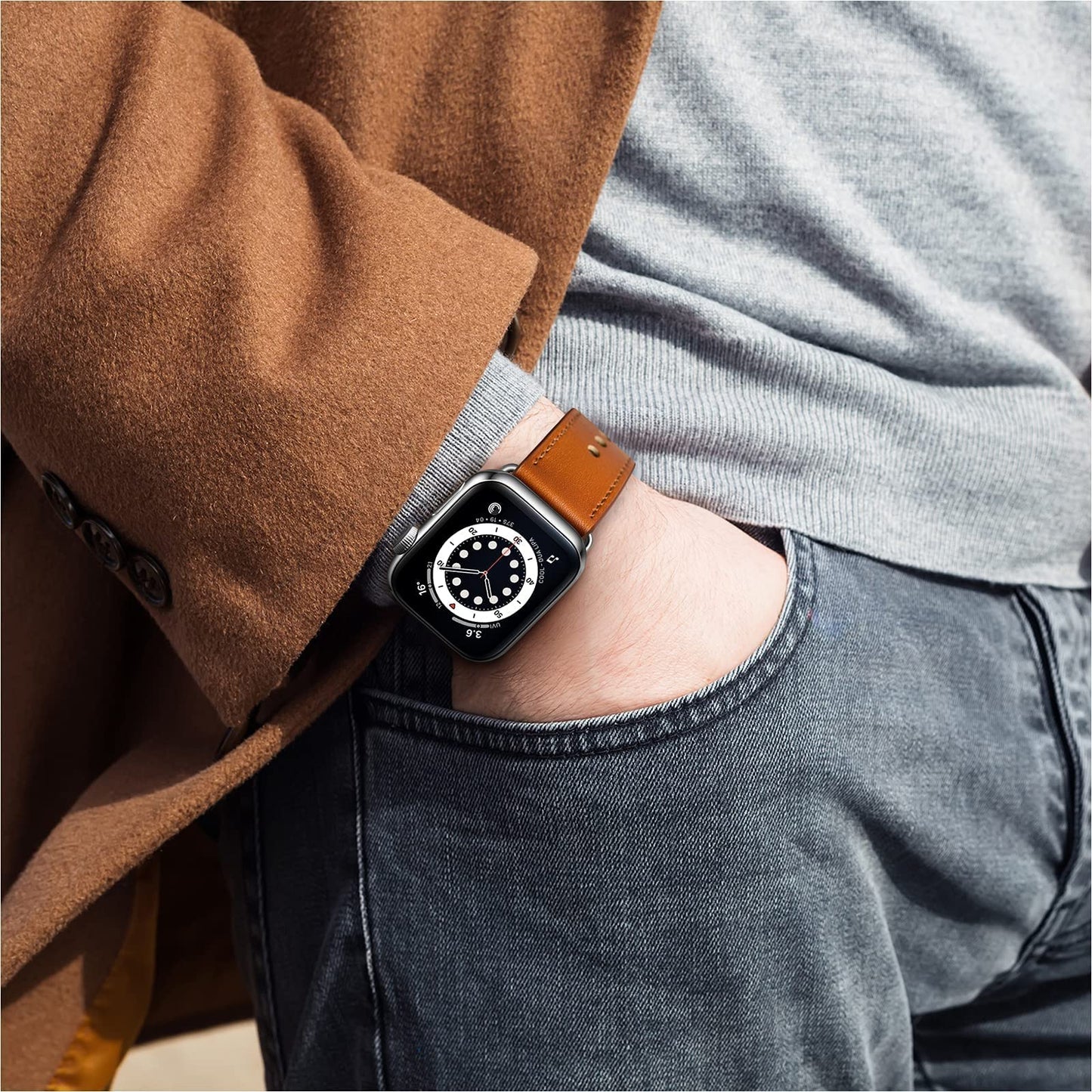 OUHENG Leather Bands Compatible with Apple Watch Band 49mm/46mm/45mm/44mm/42mm, Genuine Leather Strap for iWatch Ultra 3/2/1 & SE 3/2/1 Series 11 10 9 8 7 6 5 4 3 2 1 (Brown/Silver)