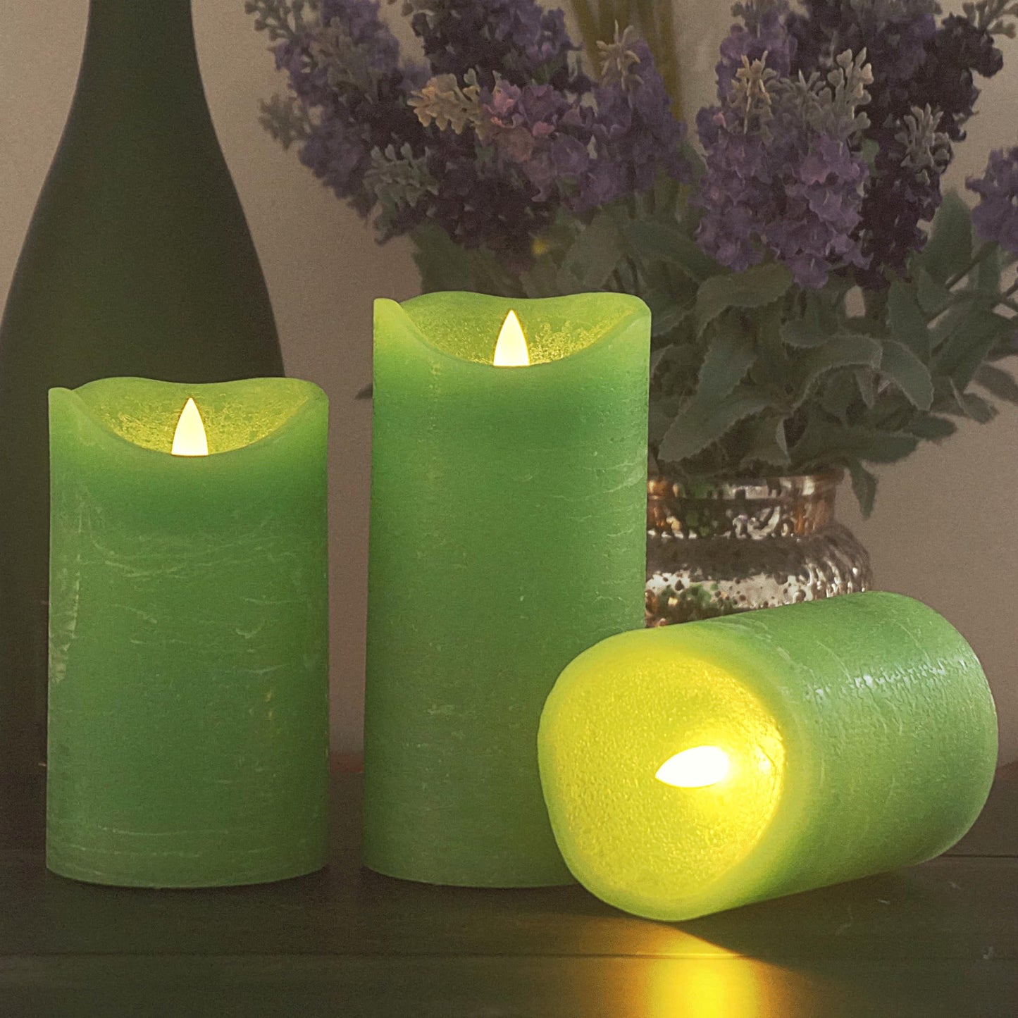 Real Wax Flameless Pillar Candle, Battery Operated LED Candle with Remote Timer, Flickering Electric Fake Light for St. Patrick’s Day Xmas Earth Day Party Festival Celebration Home Decor 3 Pack Green
