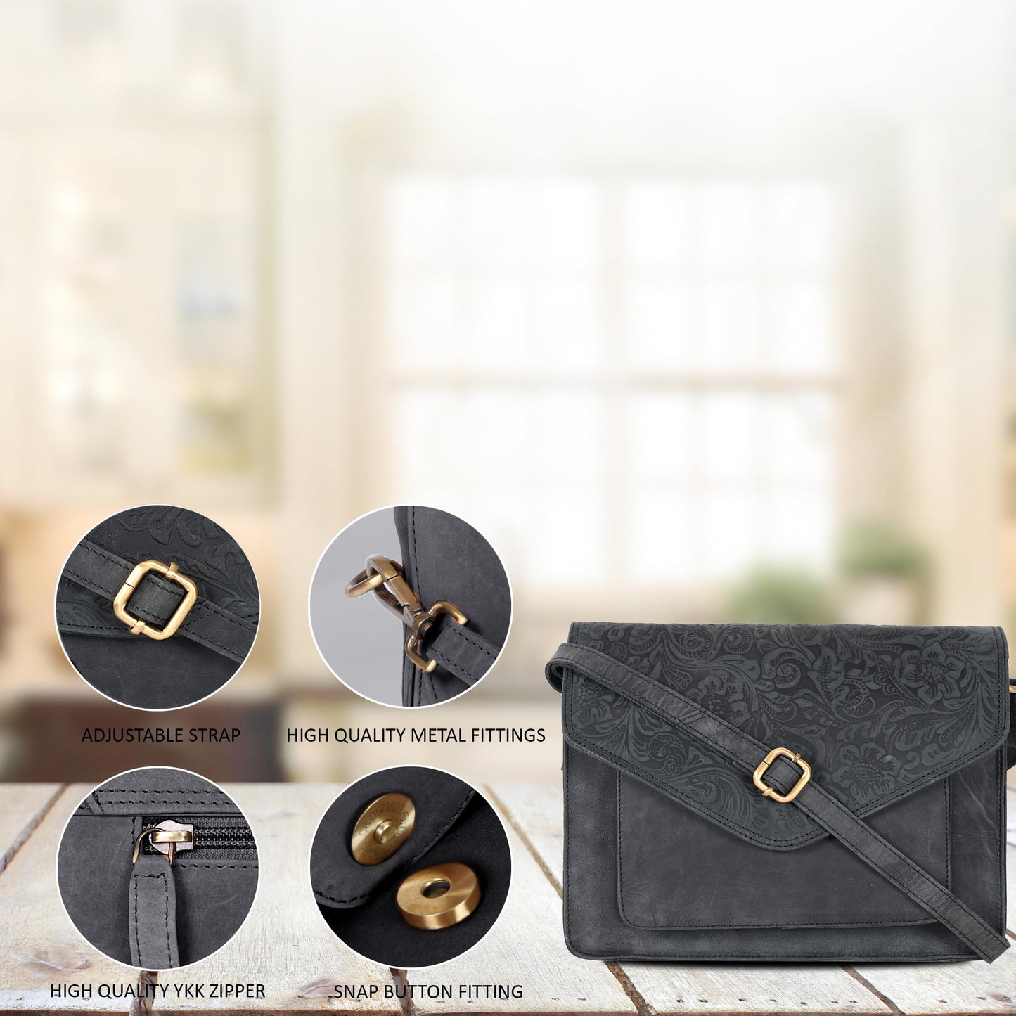 Leather Flapover Crossbody Handbag Purse for Women with Adjustable Strap & Overflap Snap Closure Tote/Bag (E.Black Hunter)