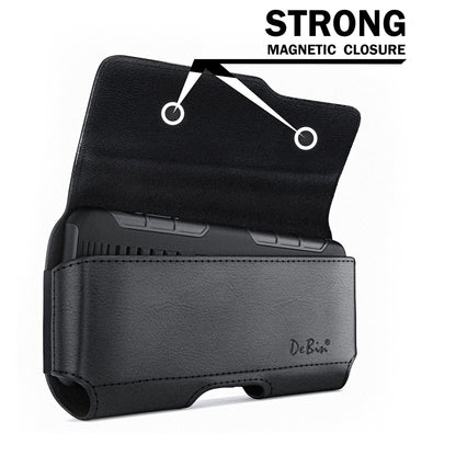 DeBin Holster for Large iPhone Plus, Pro Max Models 16 15 14 13 12 11 Xs Max – Leather Cell Phone Belt Holder Case with Clip, Carrying Pouch Cover Fits Phone with Case on, Black