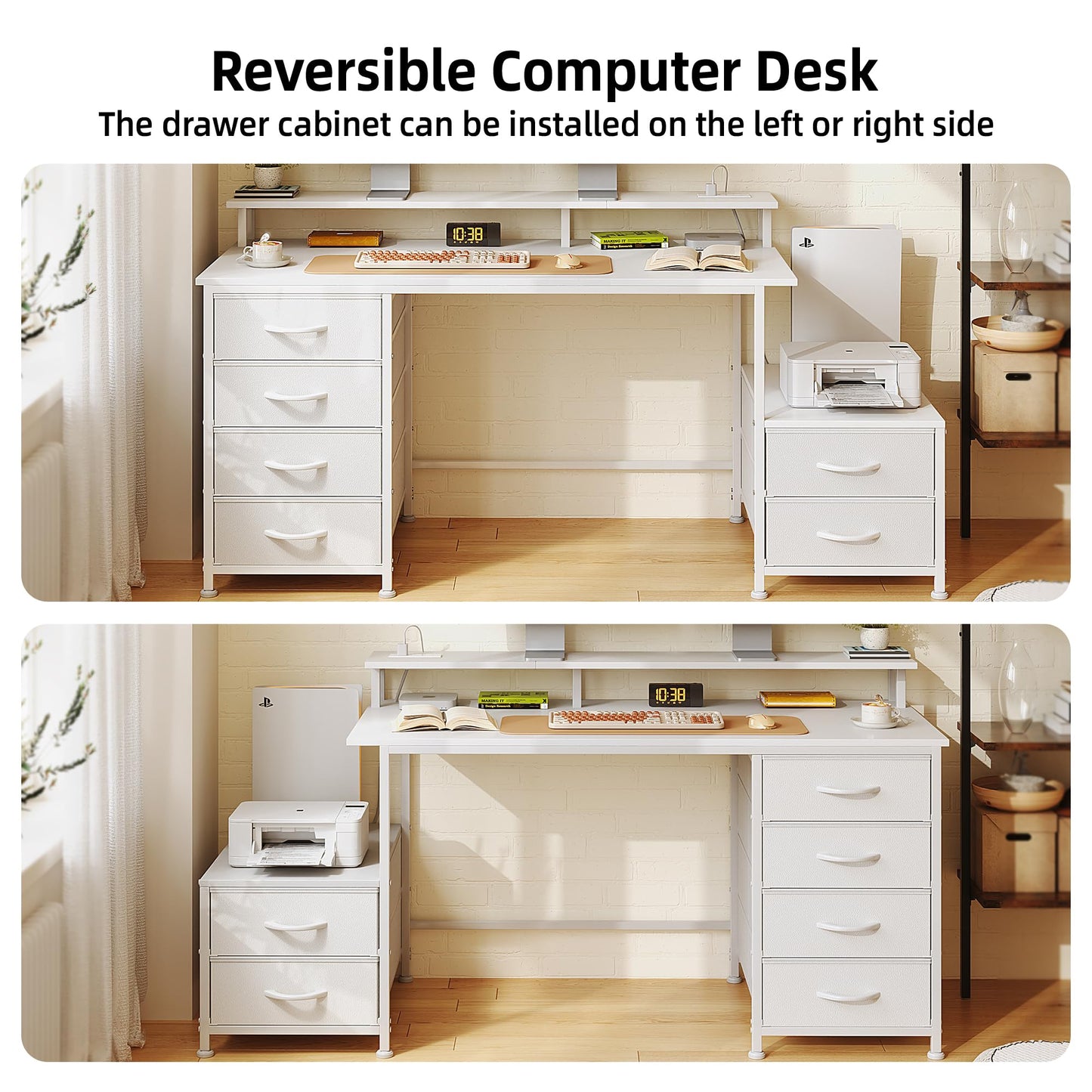 Flrrtenv 52 Inch Office Desk with 6 Drawers and Printer Space for Storage, Reversible Computer Desk with Monitor Stand & Power Outlets, Home Office Desks, White