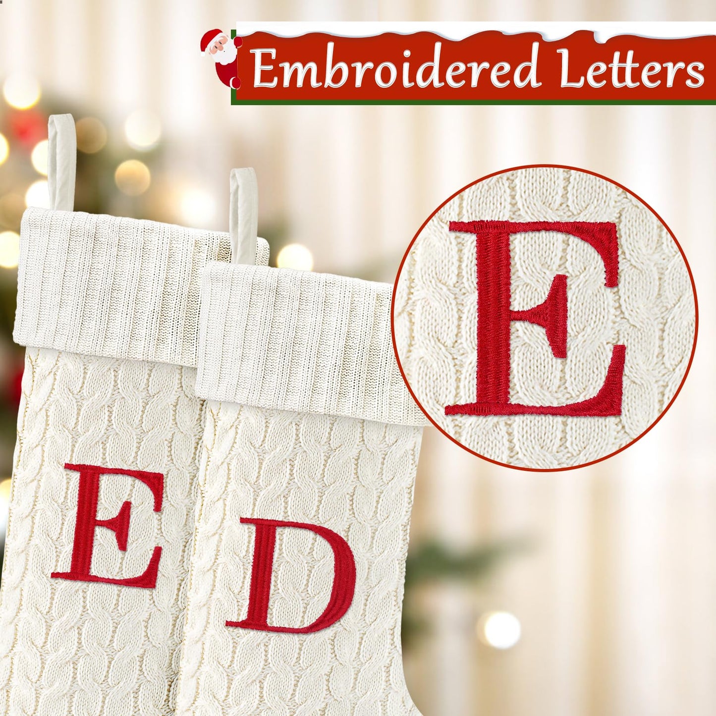 Yoochee 21 Inches Knitted Christmas Stockings with Initials, Large White Custom Monogram Embroidery Christmas Stockings with Letter, Personalized Xmas Decoration for Holiday Family Party-A