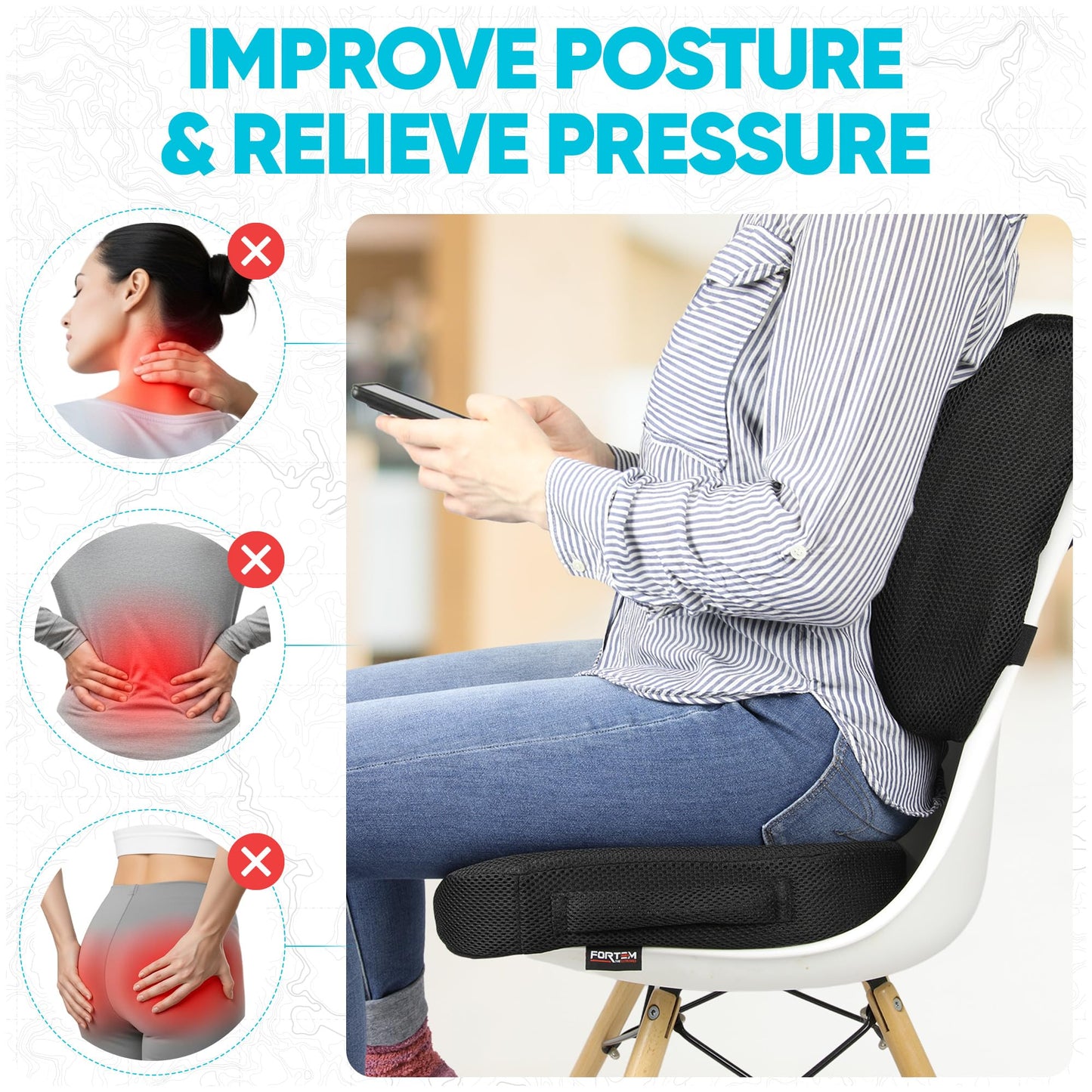 FORTEM Seat Cushion, Office Chair Cushion, Lumbar Support Pillow for Office Chair, Memory Foam Sciatica Coccyx Tailbone Pressure Pain Relief, Car Sitting Pad, Washable Non Slip