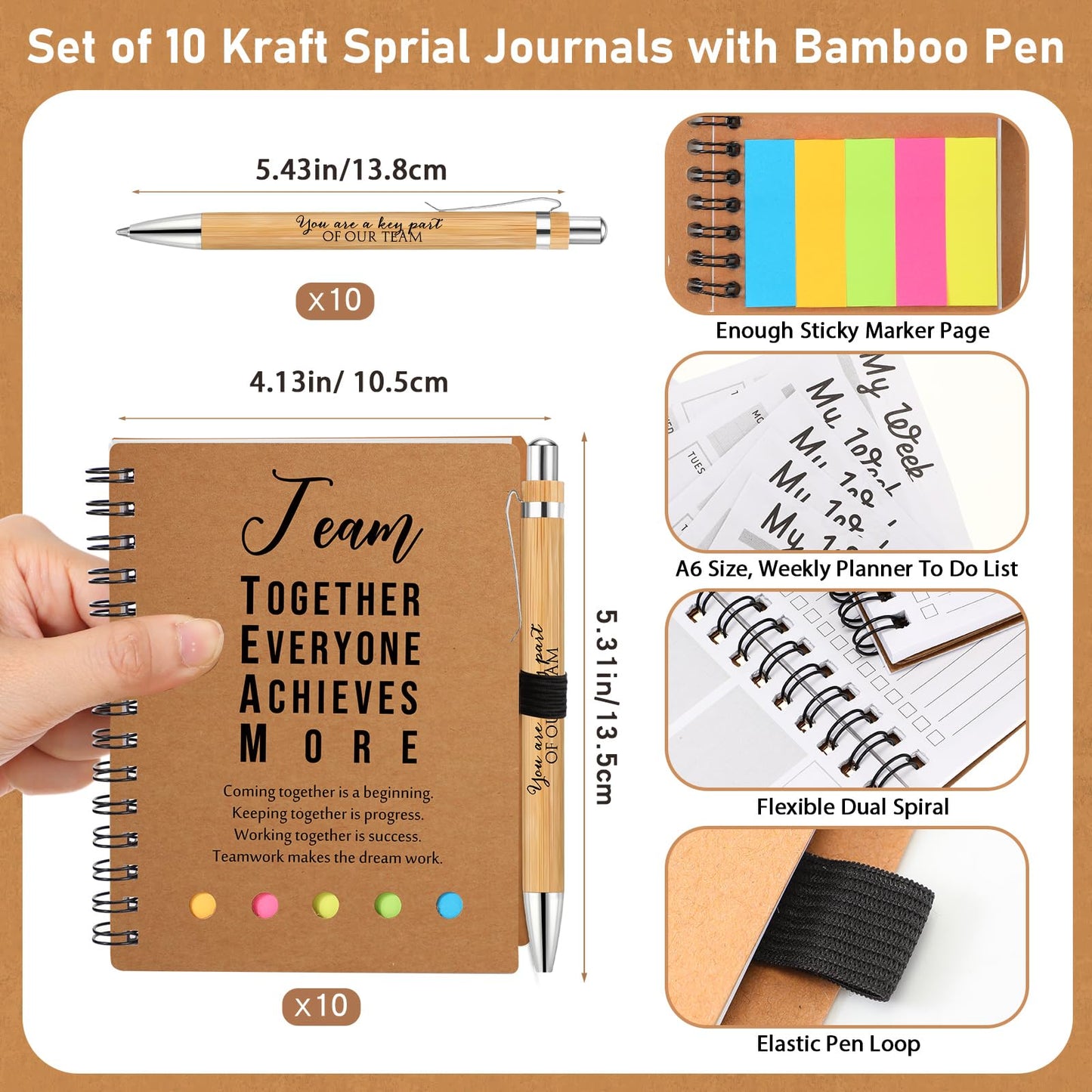 Moinchore 10 Sets Teacher Appreciation Gifts Thank You Gifts Inspirational Spiral Notebooks with Sticky Notepad and Bamboo Pen Nurse Week Gift for Team Nurse Coworker Graduation (Team Together)