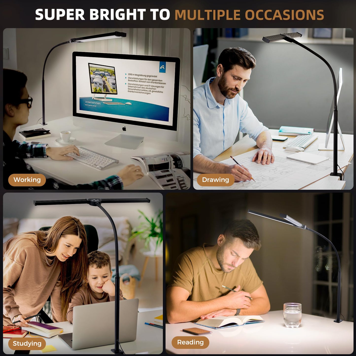 Motumen Led Desk Lamp for Home Office, Eye-Care Architect Light with Clamp, Smart Double Head Computer Monitor Table Clip Lamp, Adjustable Flexible Goose-Neck, 25 Lighting Models, Task Lamp, Black