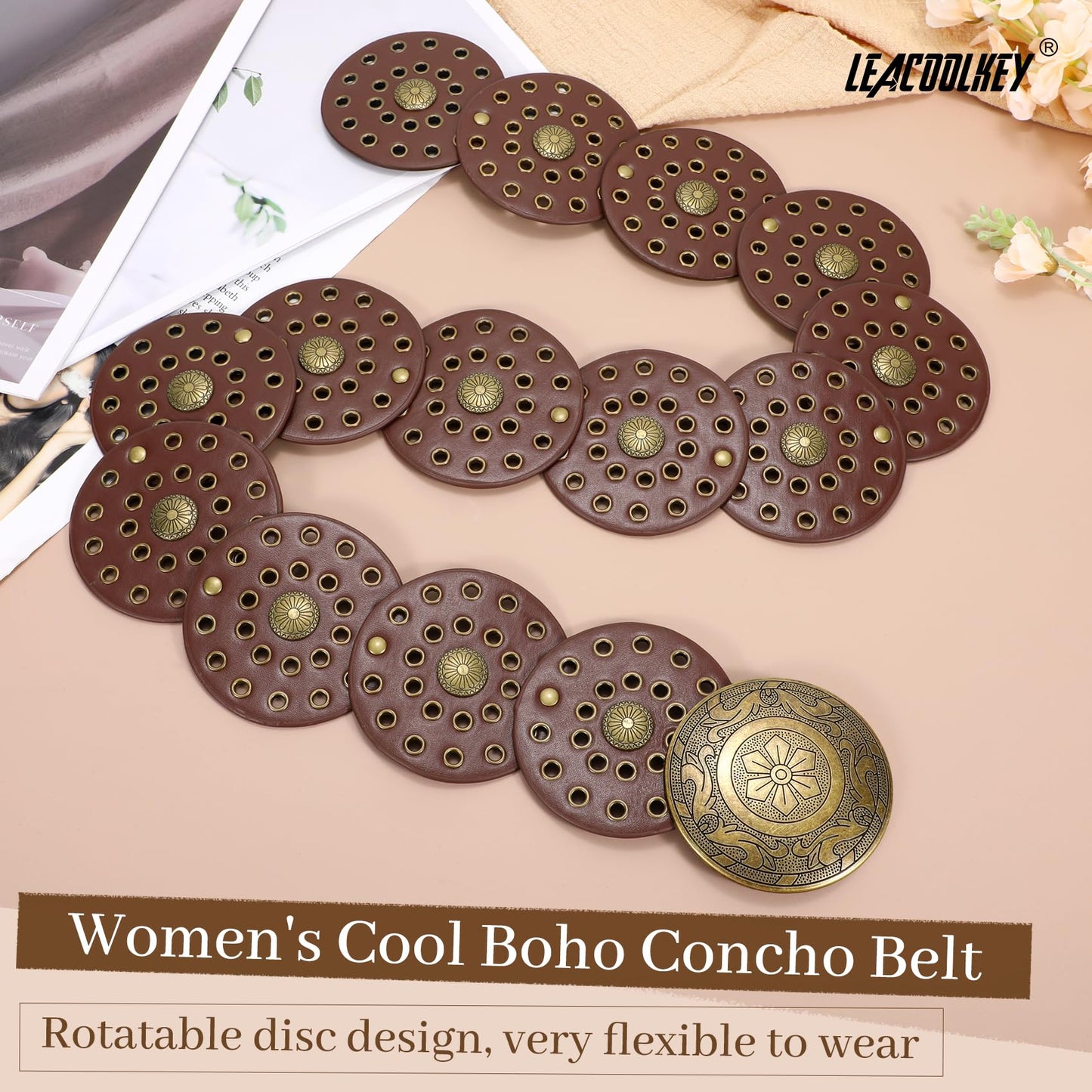 LEACOOLKEY Women's Boho Disc Belt Wide Western Leather Belt Vintage Concho Waist Belts for Dress Jeans