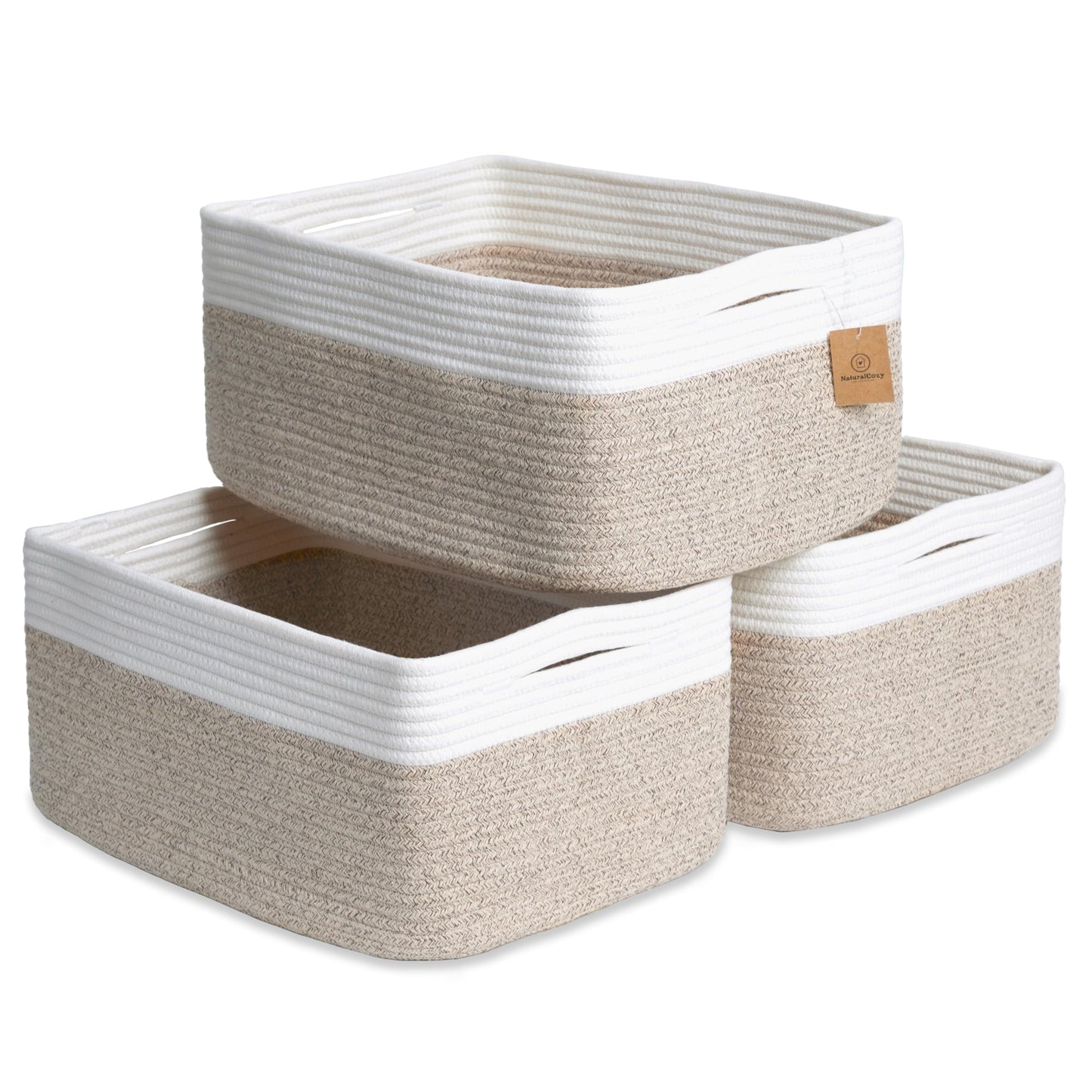 NaturalCozy Storage Baskets 16.8”x13”x7.6” Cotton Rope Woven Baskets for Organizing 3-Pack | Toy Storage Bins | Basket for Shelves, Laundry, Blanket, Clothes, Closet, Kitchen, Bathroom, Gifts