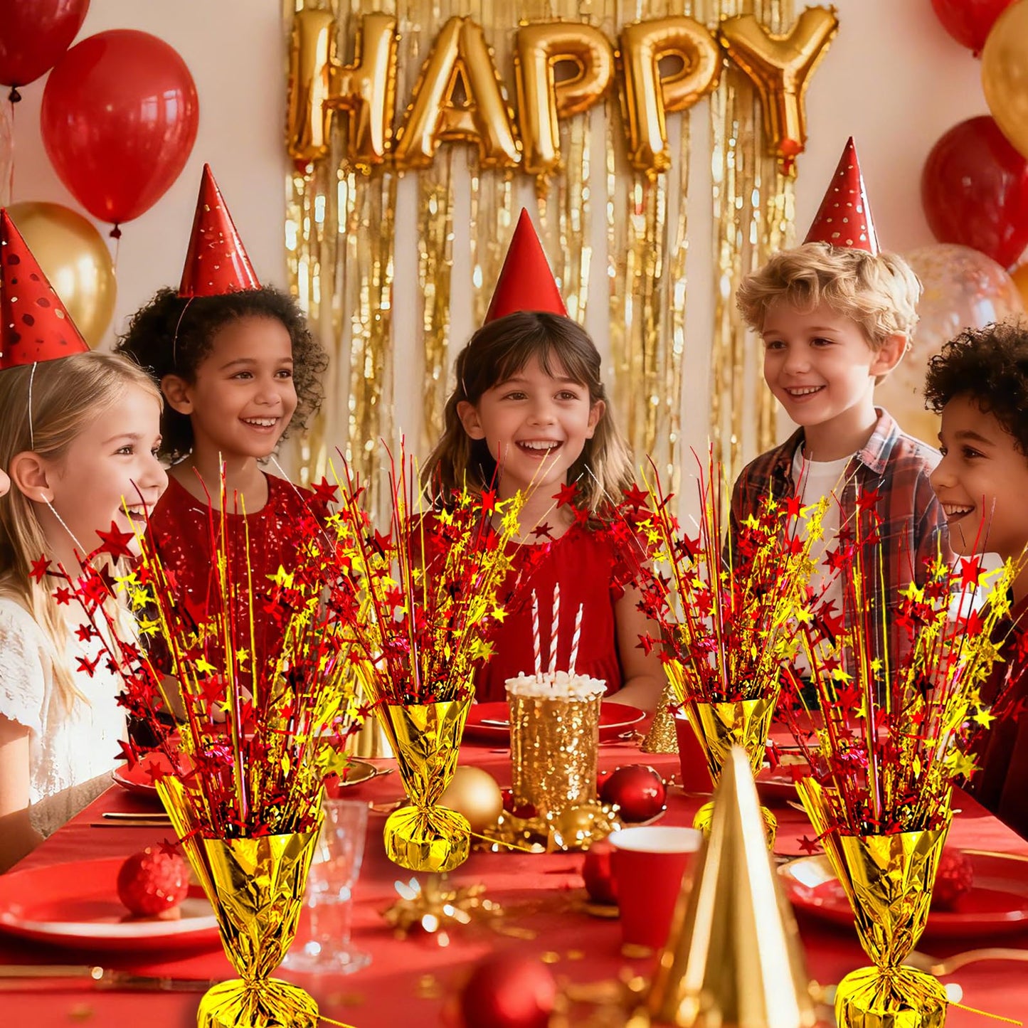 YinNorth 6 Pack Metallic Foil Spray Table Centerpiece Decoration Star Brust Glitter Table Topper Decor for Birthday Circus Casino Graduation Christmas New Year's Eve Party Supplies Red Gold