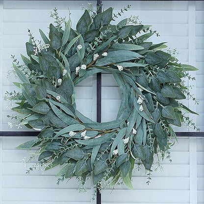 26" Eucalyptus Wreath for Front Door - Large Artificial Greenery Outdoor Wreath for Porch, Window,Farmhouse,Home,Holiday,Hanging Decor- Spring, Summer, Fall, All Seasons (Green)