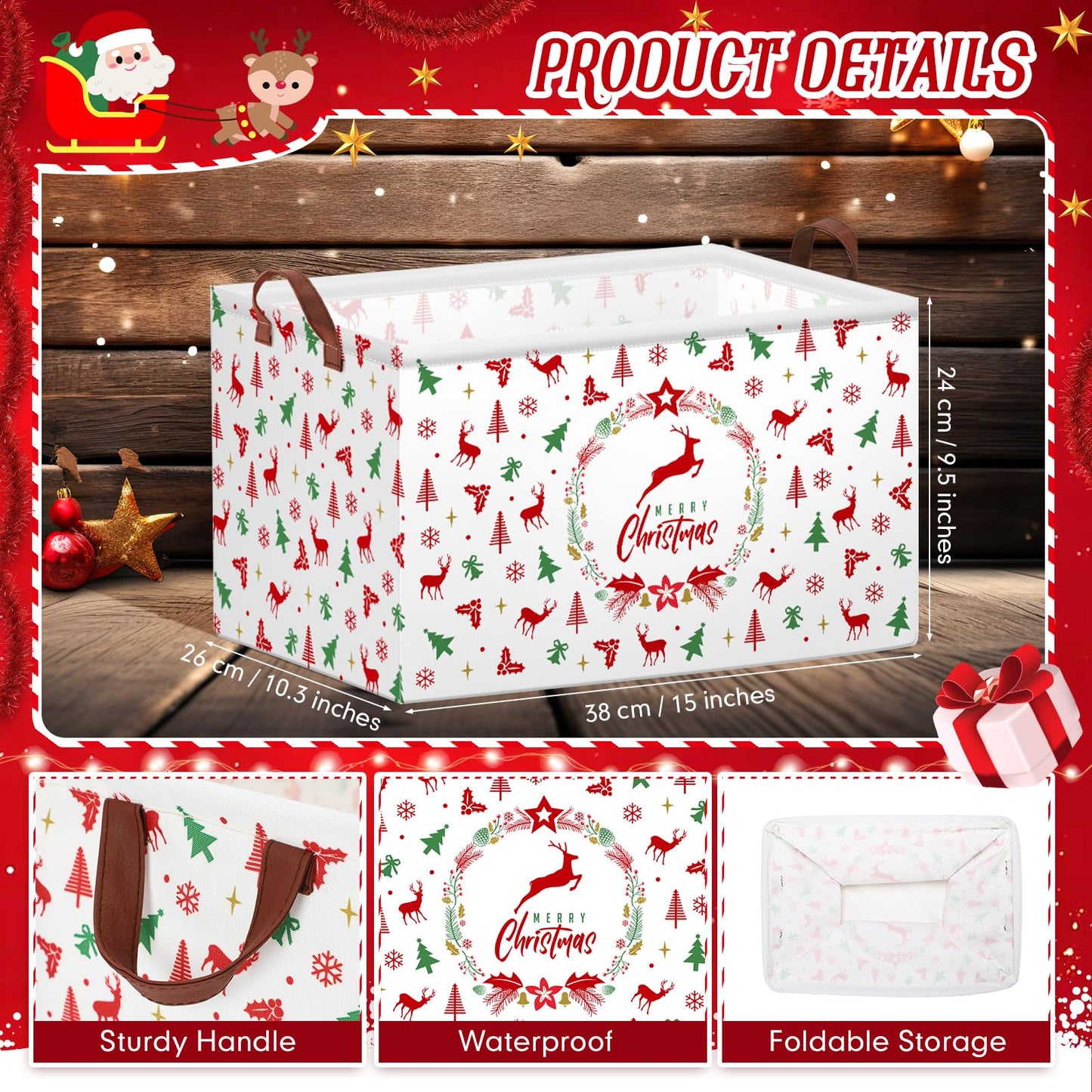 Boao 3 Pack Christmas Storage Baskets for Gifts Empty Collapsible Large Christmas Storage Bins, Xmas Canvas Laundry Basket with Handle for Office Home Bedroom Clothes Toys Holiday Decor