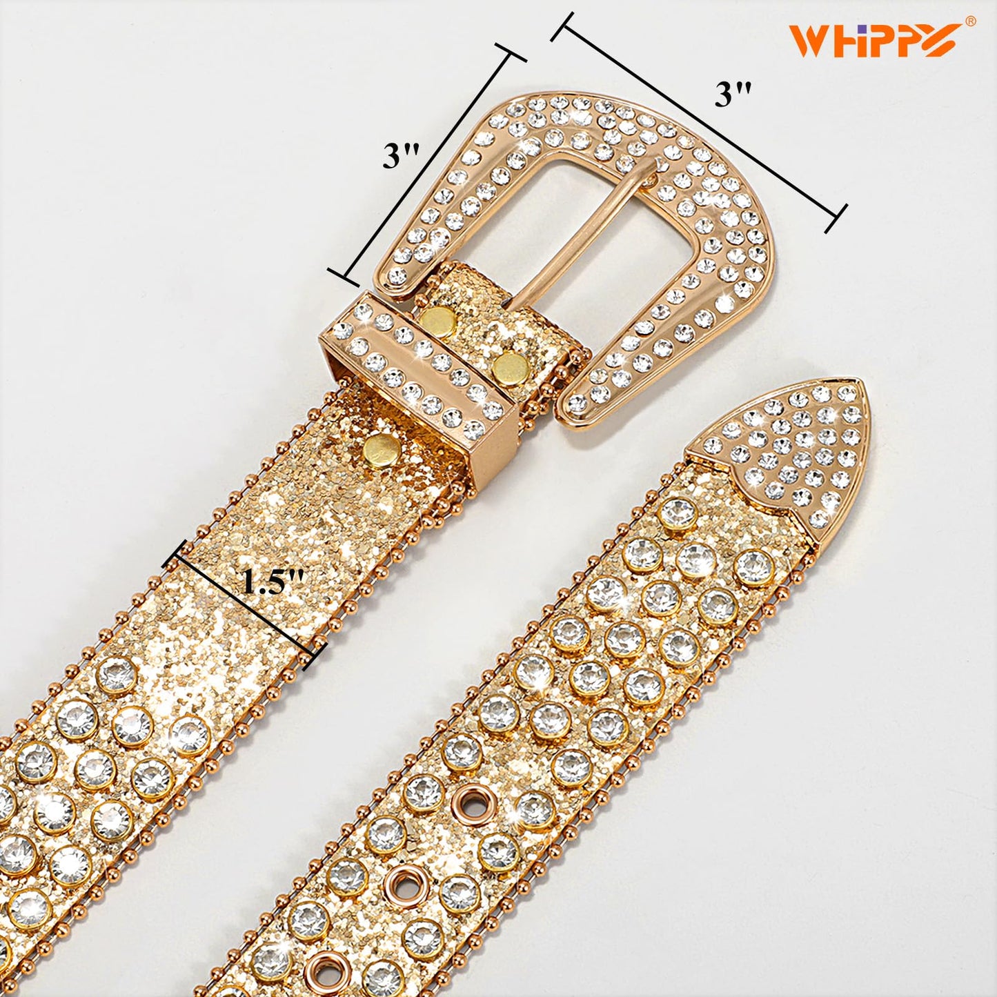 WHIPPY Women Western Rhinestones Belts Men Studded Belt for Jeans Bling Cowgirl Cowboy Waist Belt with Removable Buckle, Gold Sequin, M