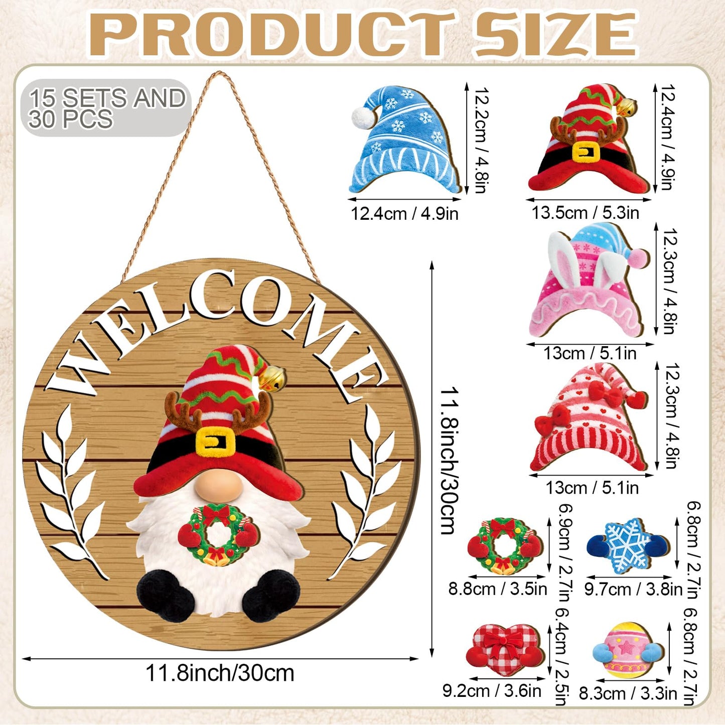 Qunclay 31 Pcs 3D Natural Grain Interchangeable Wooden Gnome Door Hanger Holiday Seasonal Gnome Decorations with Magnet Pieces and Detachable Hats Changeable Welcome Sign for Home (Yellow)