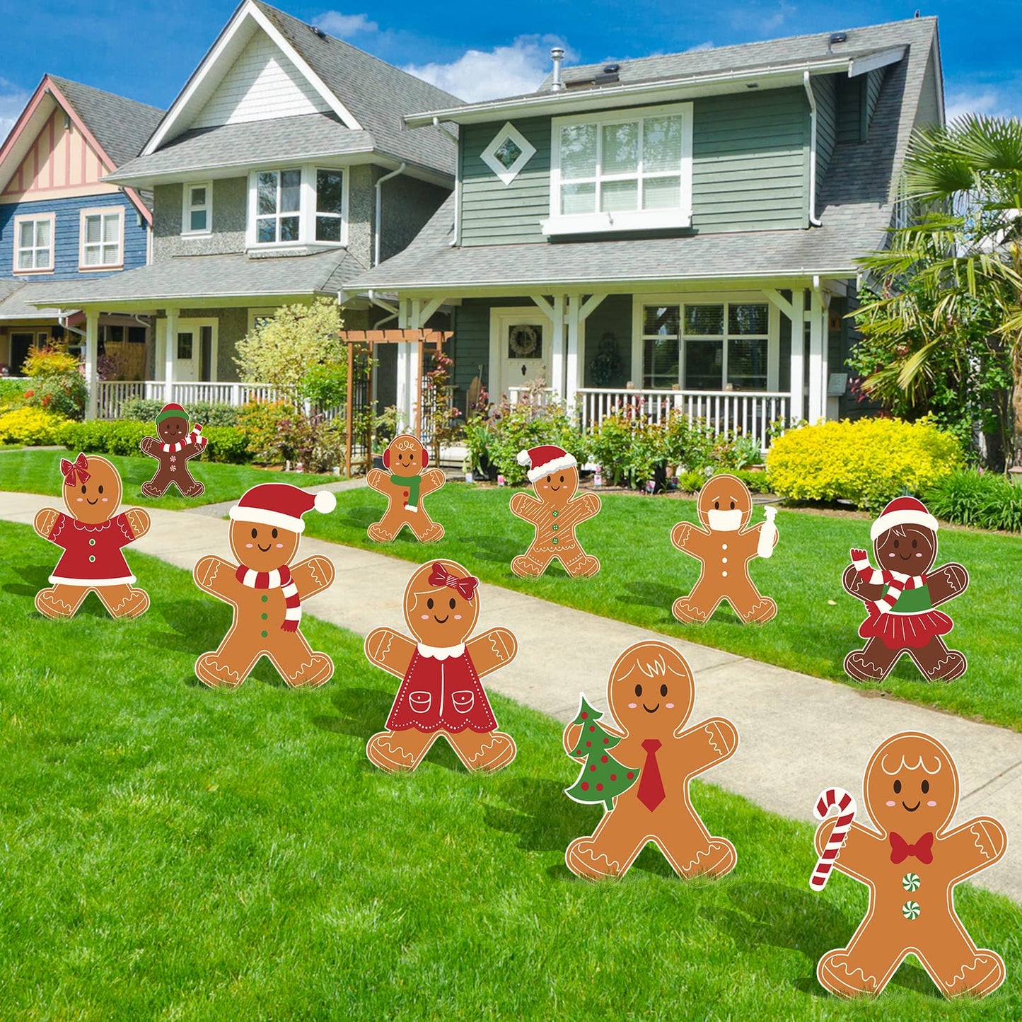 AnyDesign 10Pcs Christmas Yard Signs with Stakes - Gingerbread Man and Other Holiday Designs for Lawn, Patio, Pathway Decor