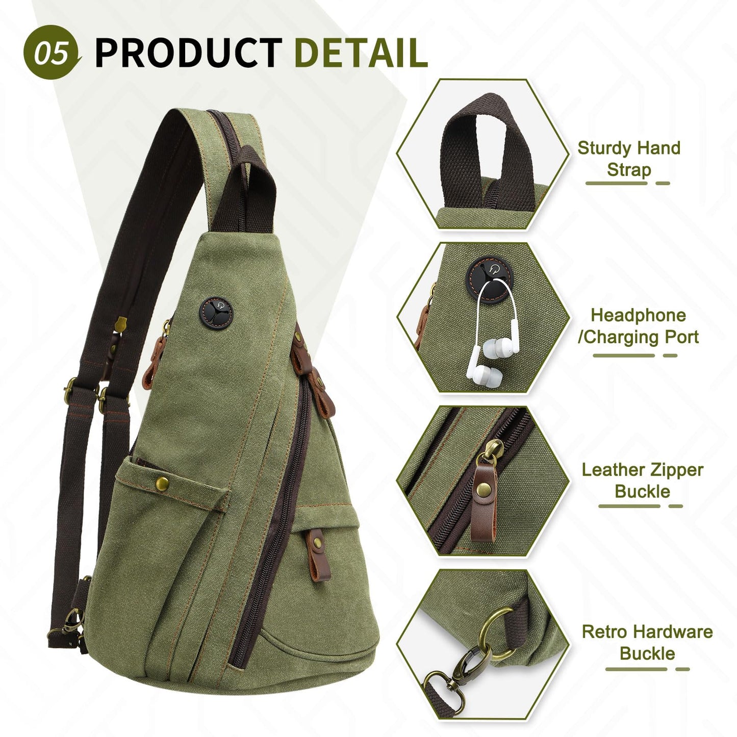SUIKIHUM Vintage Canvas Sling Bag with Genuine Leather Zipper, 3 in 1 Crossbody, Backpack, and Chest Bag, for Travel, Hiking, 16x10x6 Inches, Green