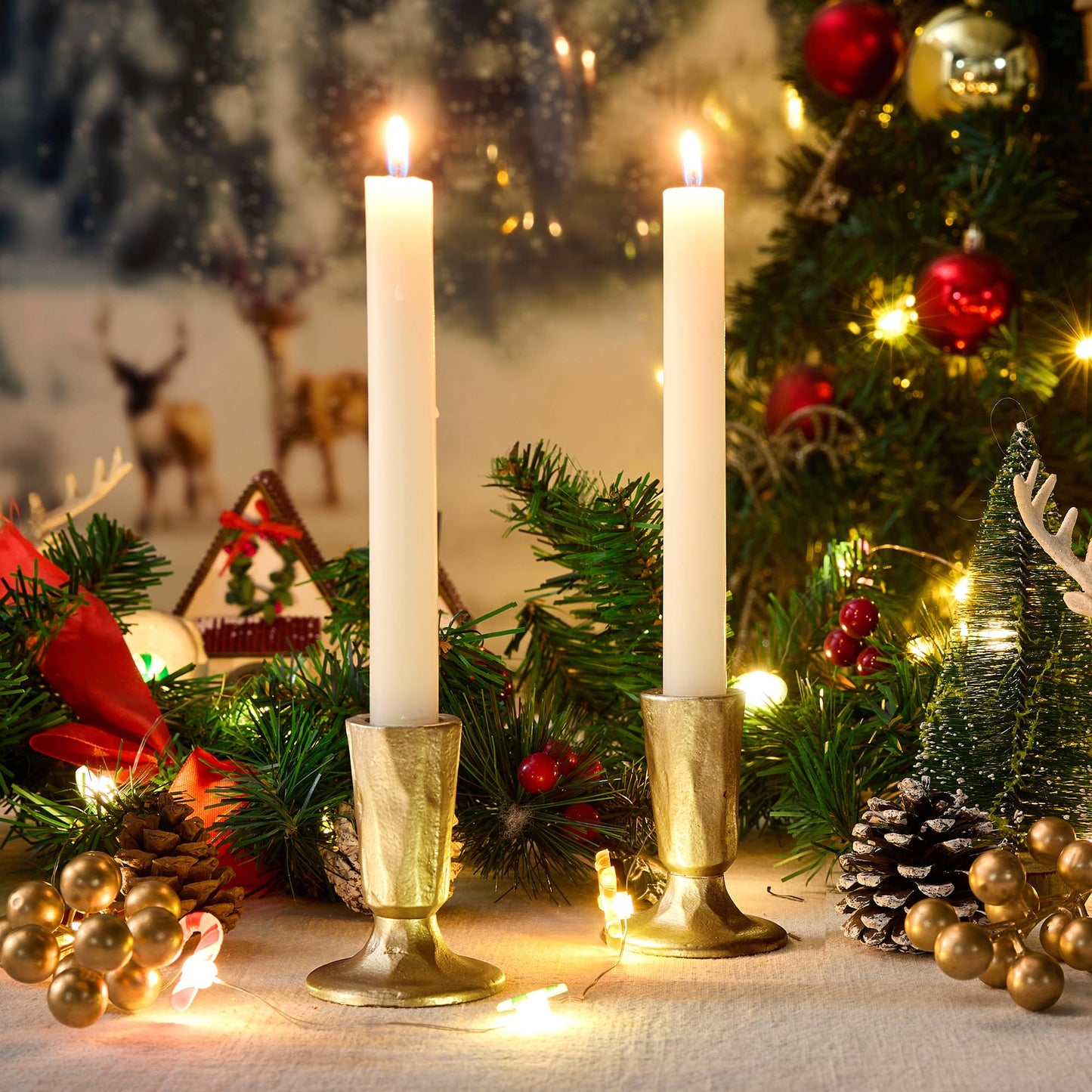 Cast Iron Taper Candle Holder Set of 2, Antique Brass Candlestick Holders Decorative Candle Stand, Tapered Candle Holders Tall Set for Wedding, Holiday, Home Decor, Christmas Decoration (Gold)