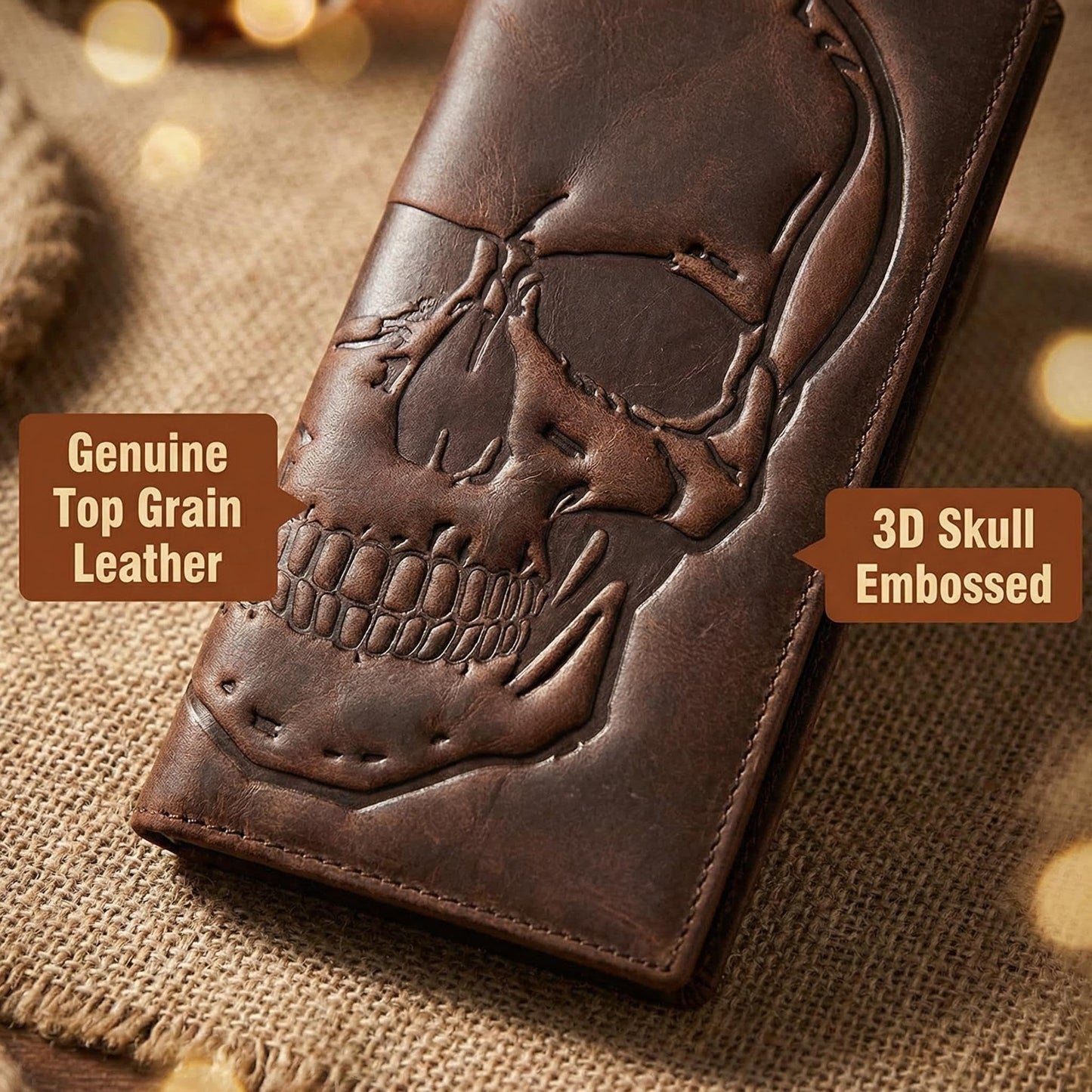 Paomadeng Skull Long Bifold Wallet for Men Full Grain Cowhide Genuine Leather Biker Wallet with Chain, RFID-Blocking, Brown