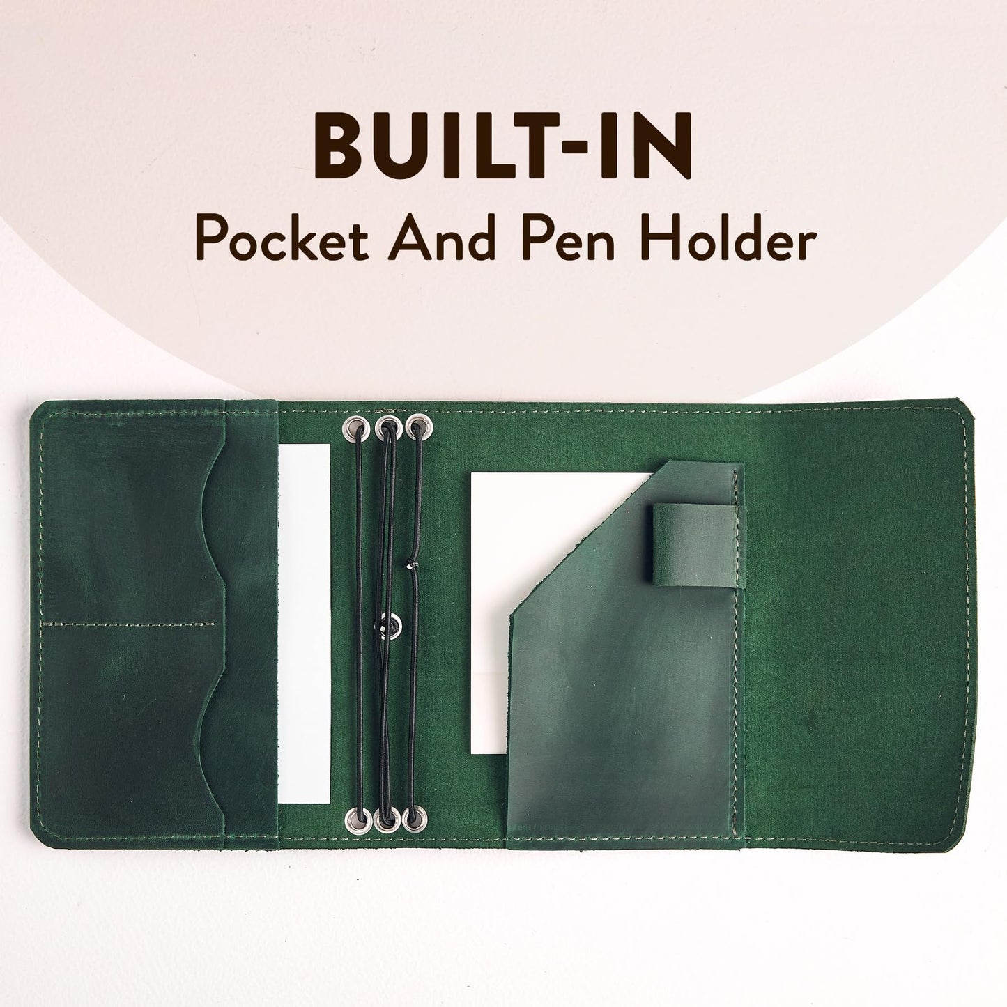 TORAKIP Genuine Leather A6 Journal Cover – Refillable Handmade Notebook Cover with 3 Elastic Bands, Pen Loop & Card Pockets – Travel Diary Case Fits A6 4.1" x 5.8" Notebooks (Paper Not Included), Green