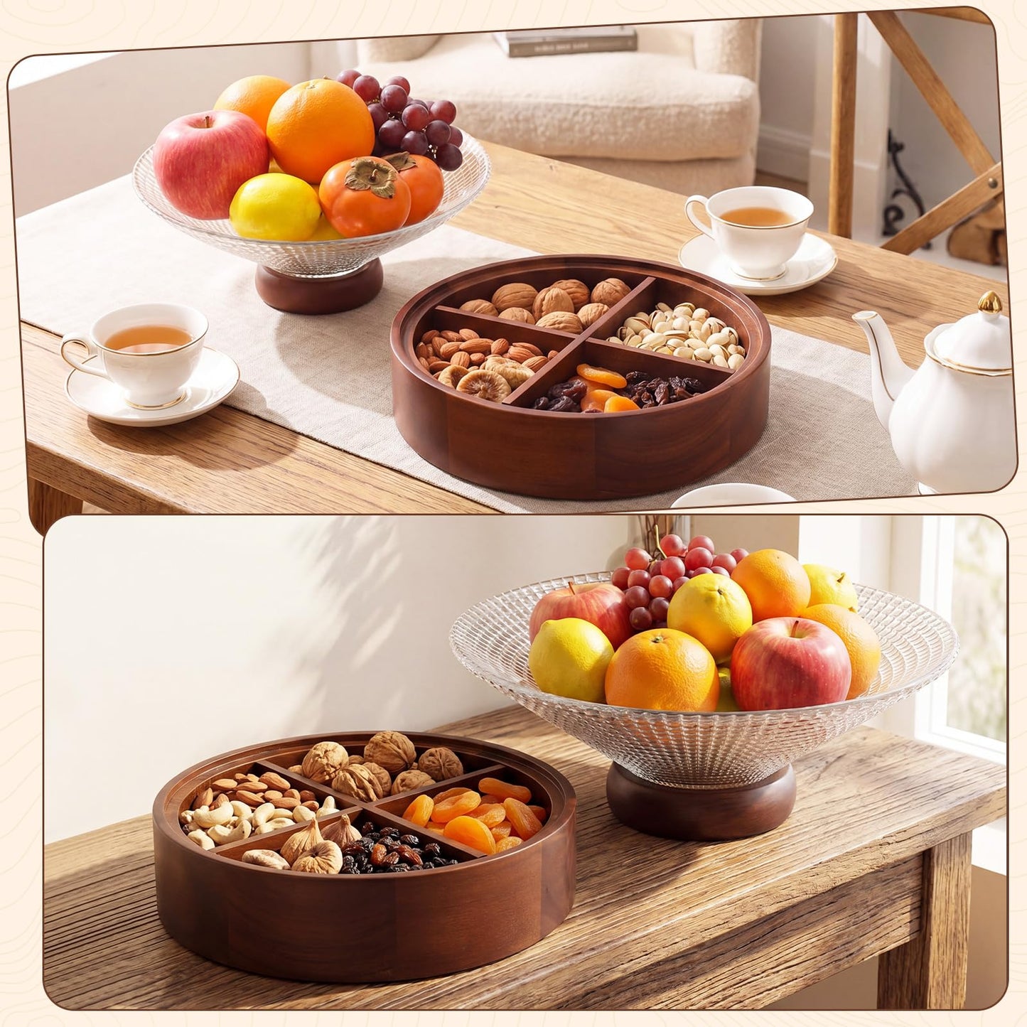 Blushtier Acacia Wood Snack Box with Glass Lid 8" Removable 4 Compartment Serving Tray Candy Nut Organizer Chip Dip Platter for Party Fruit Coffee Table Home Decoration Storage Box