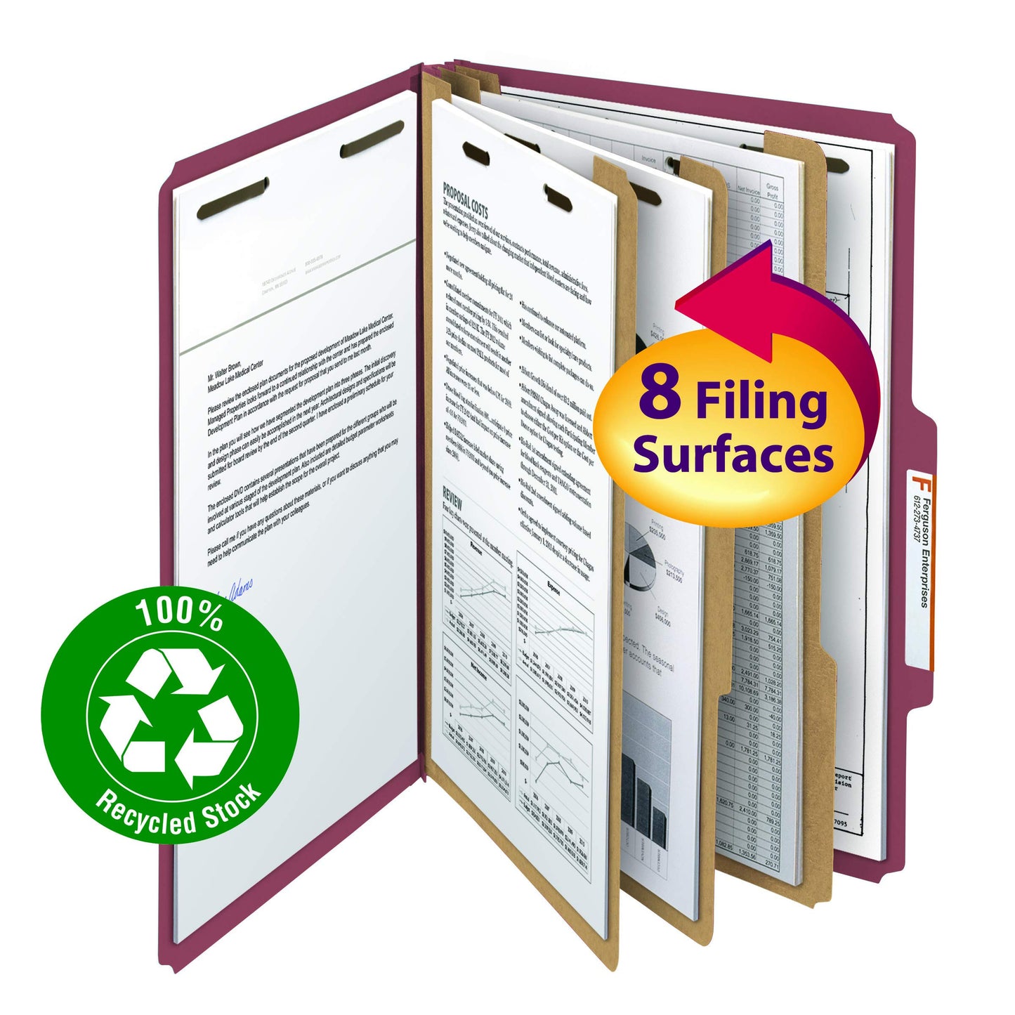 Smead 100% Recycled Pressboard Classification File Folder, 3 Dividers, 3" Expansion, Legal Size, Red, 10 per Box (19099)