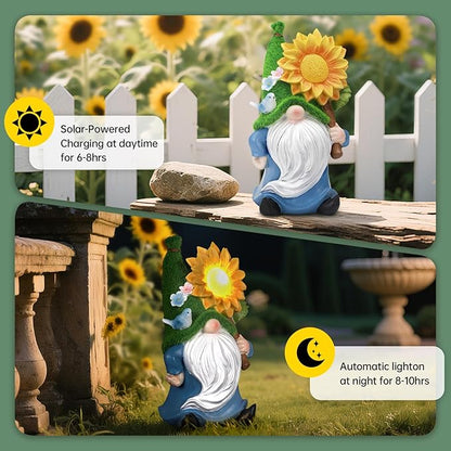 Solar Gnome with Glowing Sunflower Light,Weatherproof Resin Garden Figurine Decor Auto On/Off - Fairytale Statue Gift for Patio,Yard