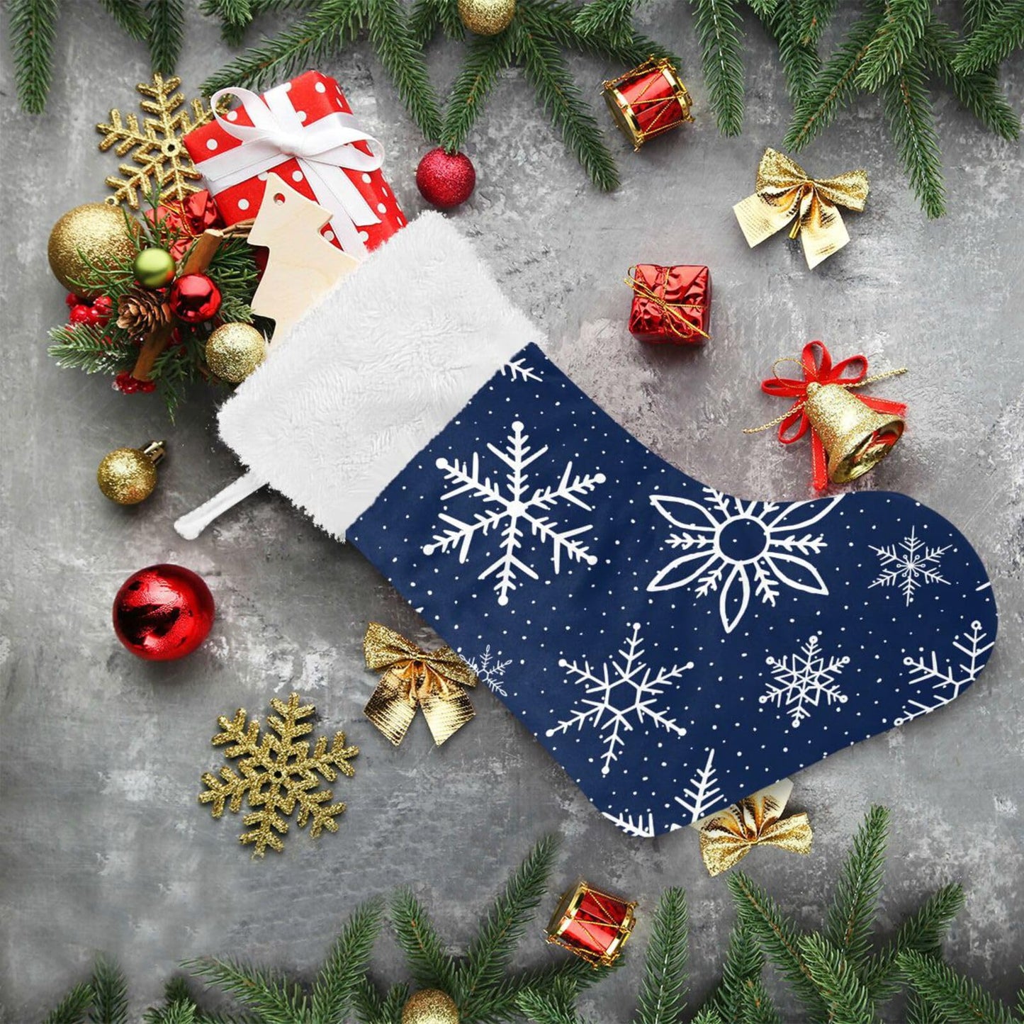 YETTASBIN Blue Snowflake Christmas Stocking 1 Pack, Large Xmas Tree Fireplace Hanging Stockings with Plush Fur Cuff for Family Holiday Party Decor Xmas Gifts, 18 Inch