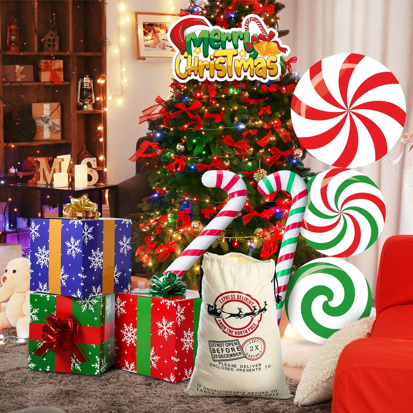 Humyoun 10 Pcs Christmas Gift Boxes Decoration, Christmas Photo Booth Props Gift Box with Ribbons Large Candy Cane Balloon for Xmas Party Decorations Home Xmas Box Decorations