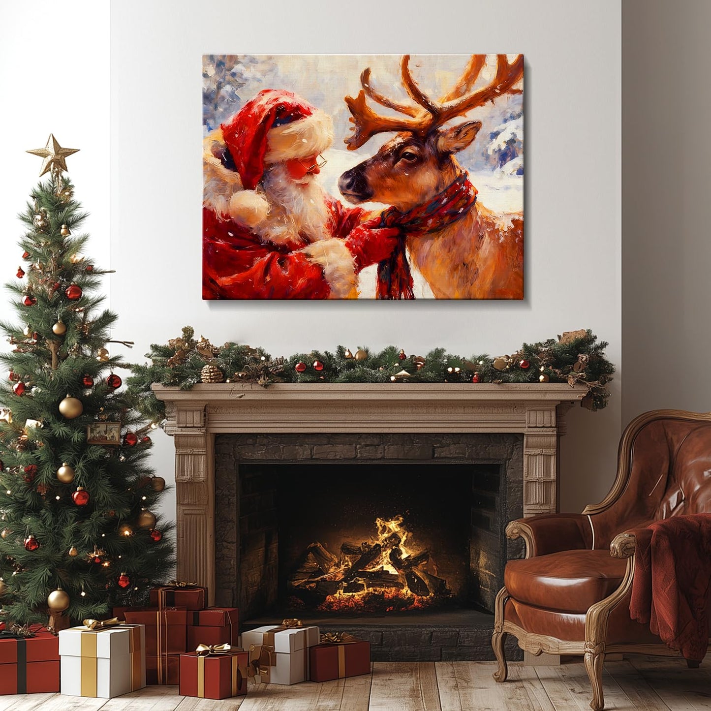 Santa's Reindeer Framed Christmas Wall Art - Festive Holiday Canvas Prints for Living Room Decor, Santa Claus Themed Bedroom Wall Decoration, Ready-to-Hang Christmas Gift Artwork for Home & Office