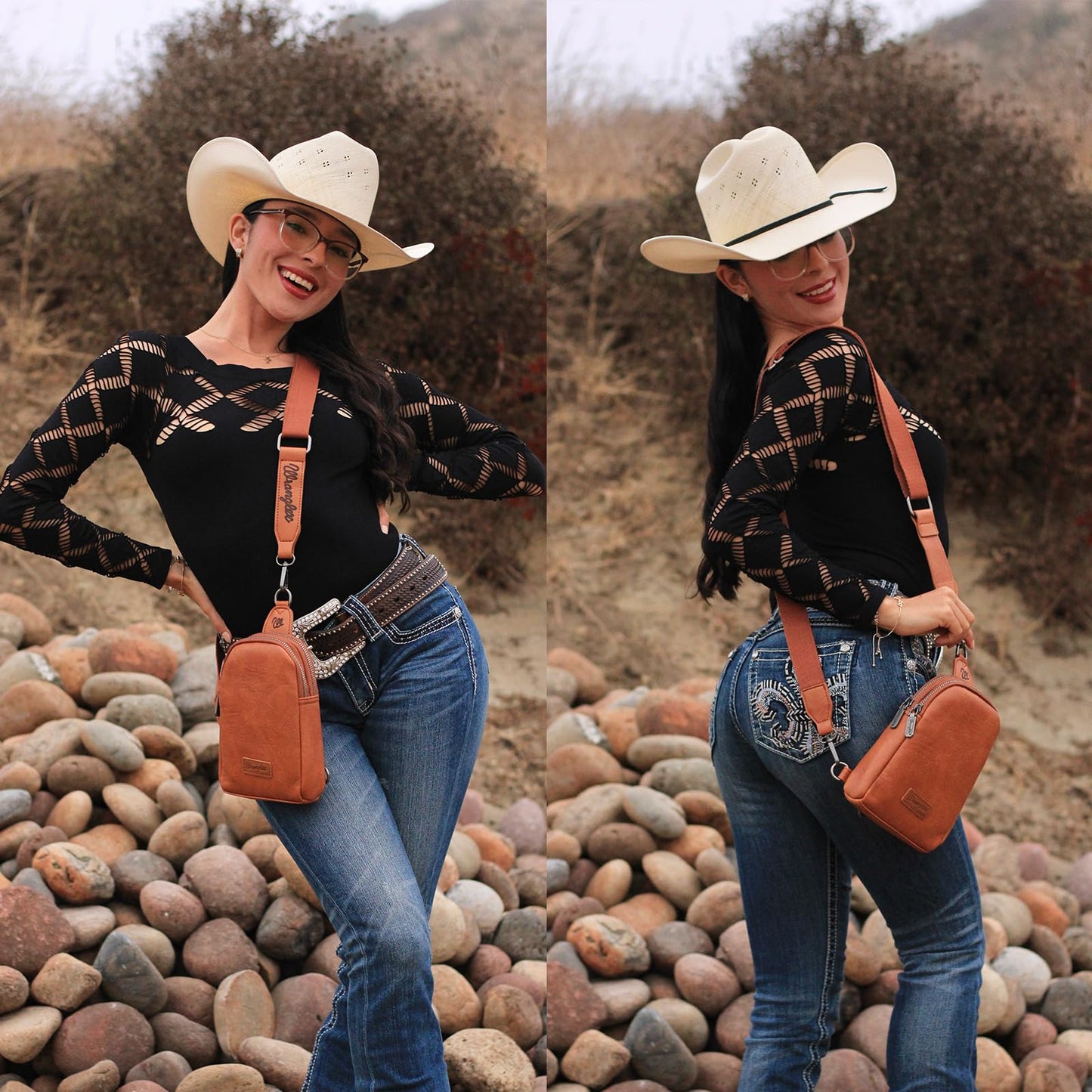 Wrangler Small Sling Bag for Women, Leather Crossbody Bags Cross Body Purse Fanny Packs with Adjustable Strap, WG-HB-87-210-BR