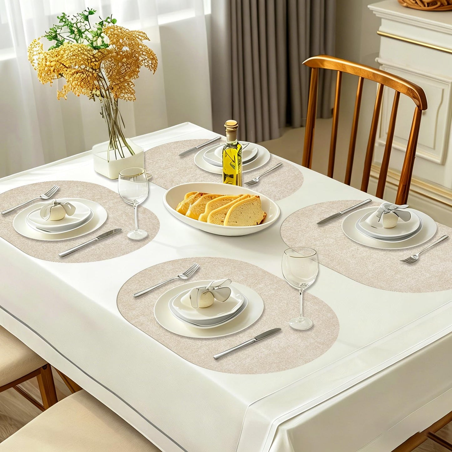 GLASSWINDS Oval Placemats Set of 12 - Washable & Heat Resistant Table Mats, Non-Slip Faux Leather Dining Decor, Waterproof Easy Clean Kitchen Place Mats for Room Coffee Office，Beige