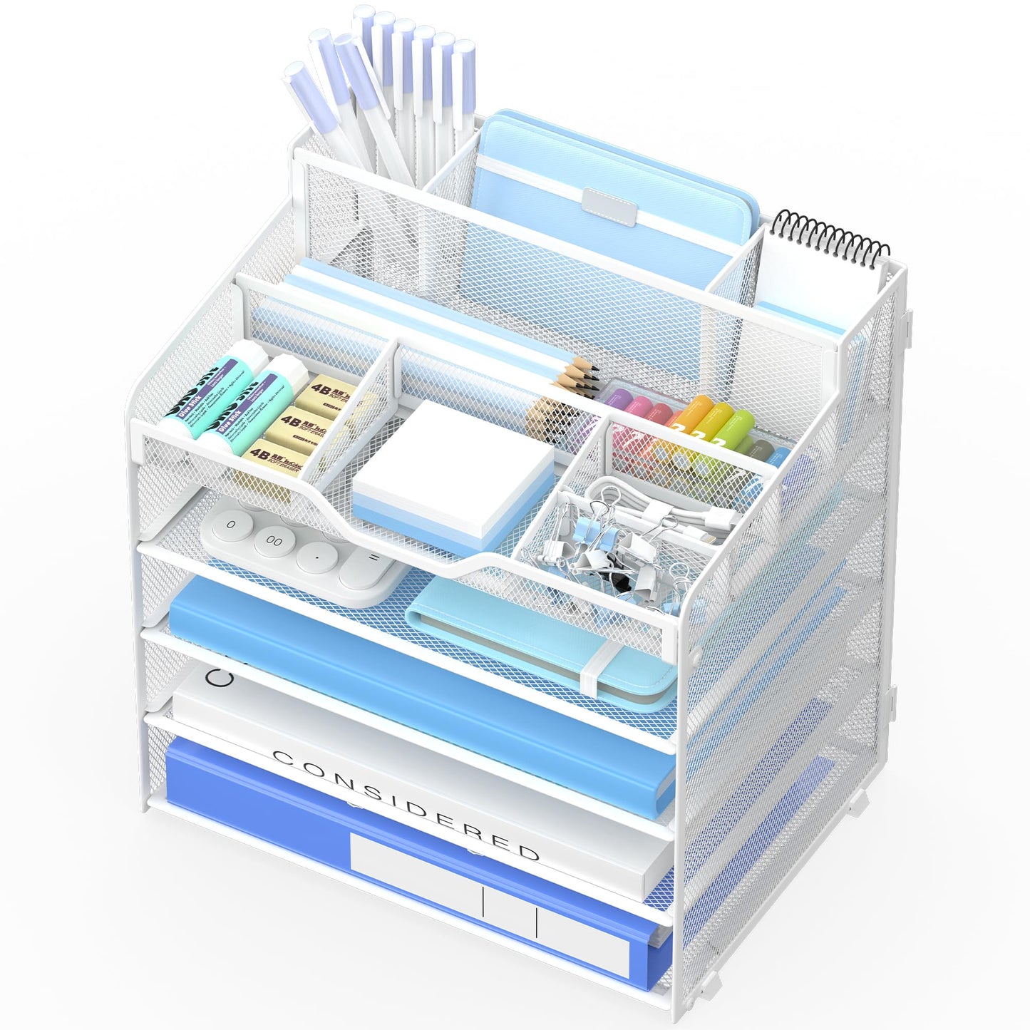 OrgMate 5 Tier Mesh Desk Organizer,Multi Functional Letter Paper Tray with 3 Pen Holders and 5 Adjustable Storage Compartments for Office Supplies Files and Mail Space Saving Desktop Organizer-White
