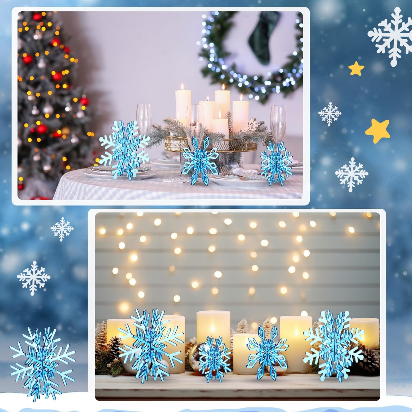 Yousoontic Set of 8 Winter 3D Acrylic Snowflake 16 Pcs Acrylic Snowflake Table Decorations Tabletop Centerpiece for Winter Party Wedding New Year(Blue)