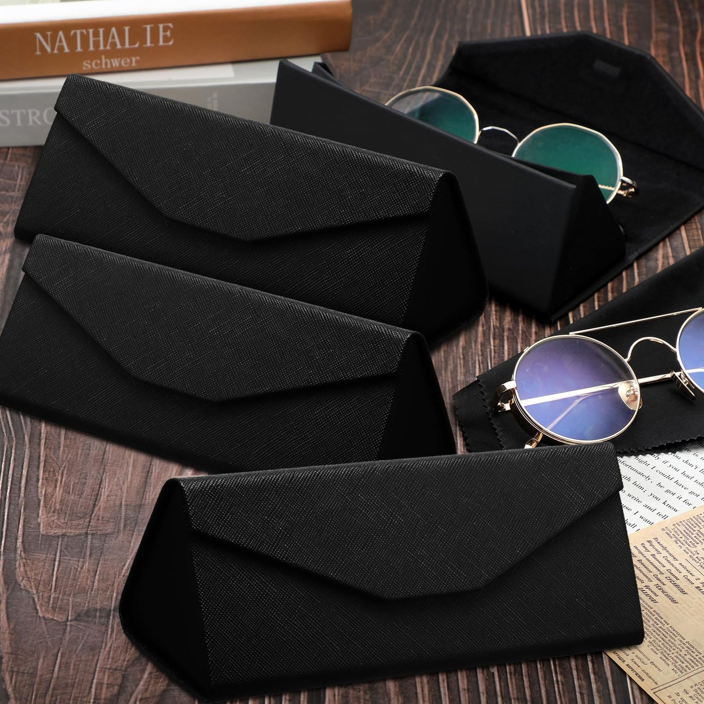 Flutesan 4 Pack Foldable Glasses Sunglasses Case PU Hard Shell Collapsible Eyeglasses Leather Case 4 Cleaning Cloths(Black Color)