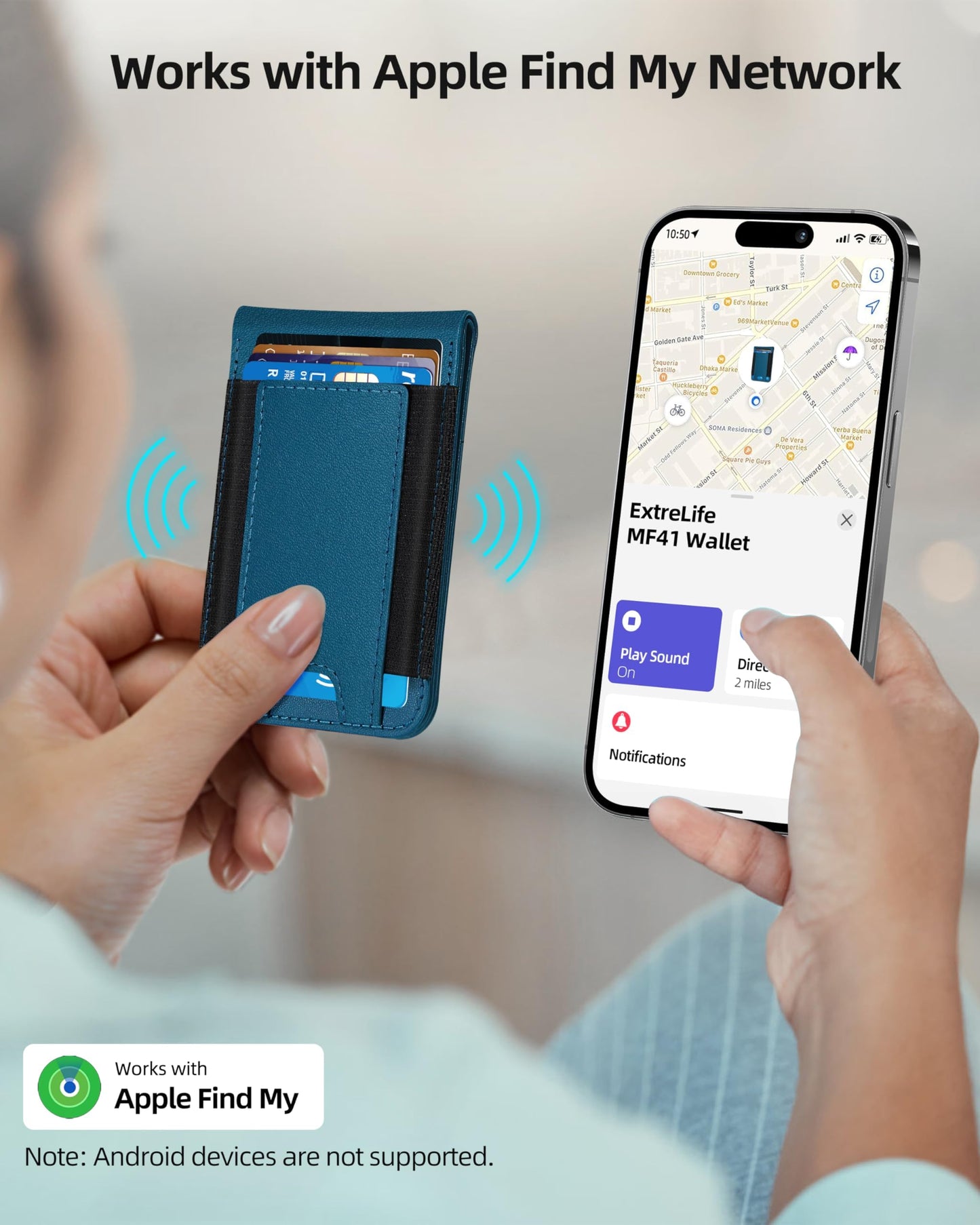 ExtreLife MagSafe Wallet, Work with Apple Find My, Magnetic Phone Wallet Stand for iPhone 17/16/15/14/13/12 Series, 8 Card Holder, RFID Blocking, Rechargeable, Blue