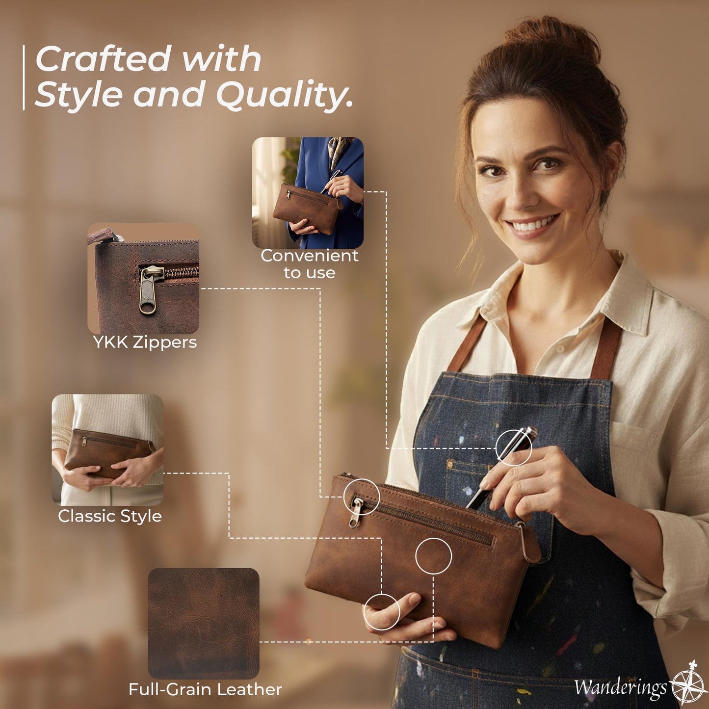 WANDERINGS Genuine Leather Pencil Pouch Case - Large 11" x 6.5" (28 x 16cm) - Hand Crafted Brown Leather Zipper Pouch - Slim Pencil Case Holder for Men and Women