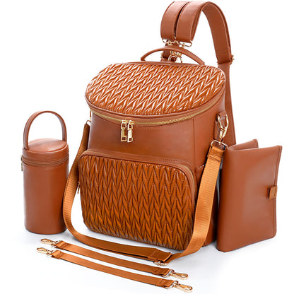Minsong Diaper Bag Backpack, Fashion Leather Mommy Backpacks, Travel Baby Diaper Bags with in Bag Organizer and Changing Pad (Brown-stripes)