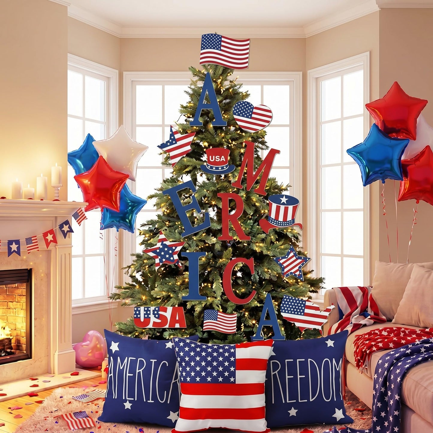 HunnmingRe Large 4th of July Christmas Tree Decor Set with Light & Pillow Cover Patriotic Ornament Red White and Blue Topper America Star Letter Pick for Independence Day 250th Anniversary Home Decor