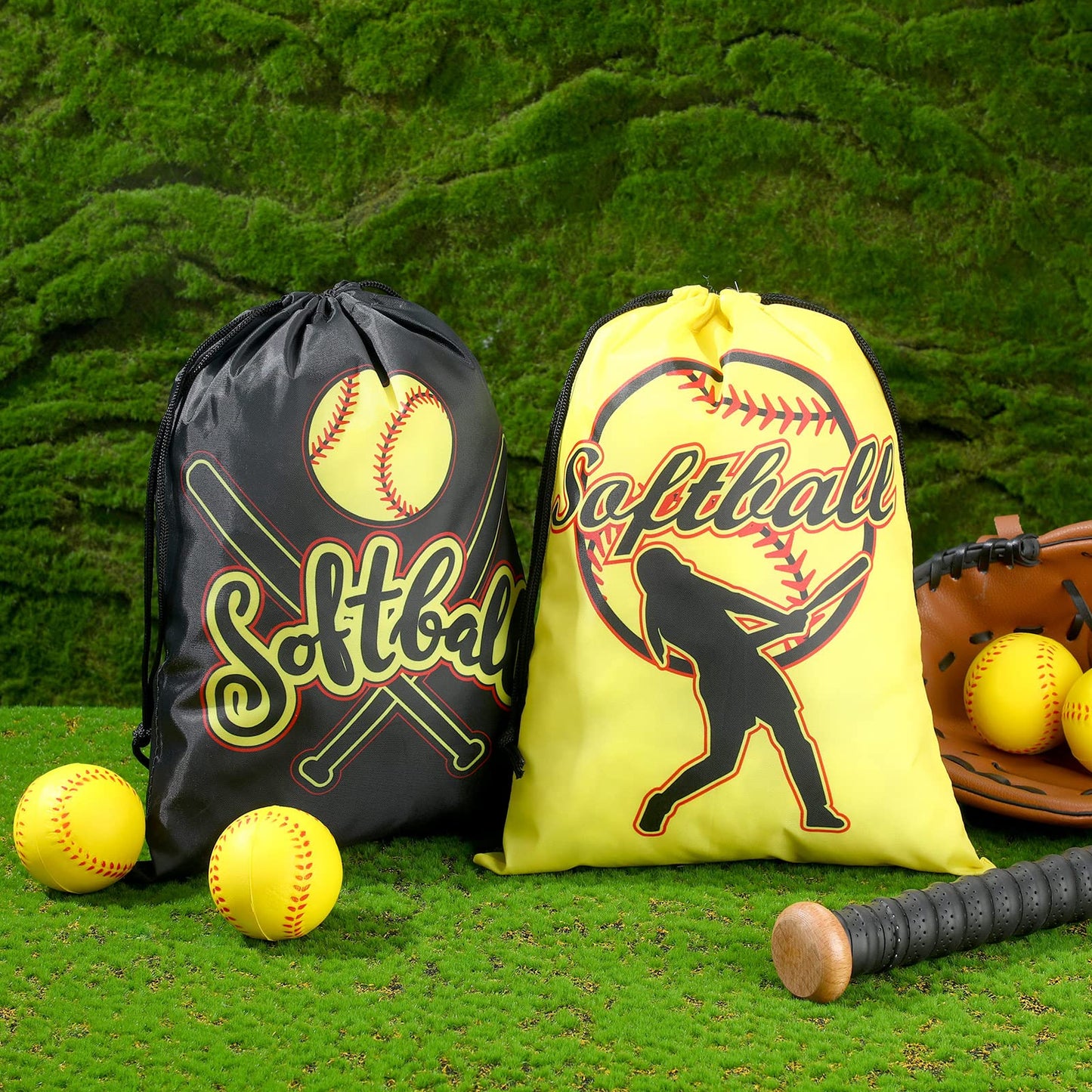 Kingdder 12 Pcs Softball Drawstring Party Favor Bags Softball Treat Bags Baseball Gift Bag for Baseball Party(Yellow)